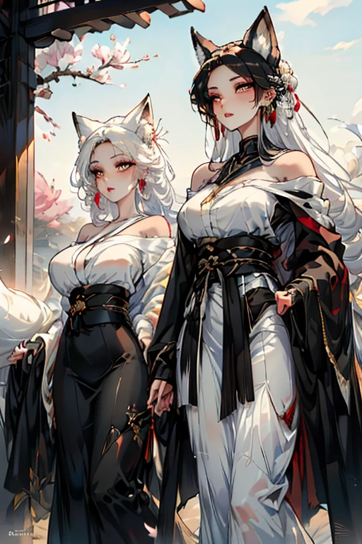 a handsome black haired man with golden eyes with black fox ears and a black fox tail is walking with a white haired woman with copper eyes and white fox ears and a white fox tail with an hourglass figure in a conservative blouse and skirt underneath a cherry blossom
