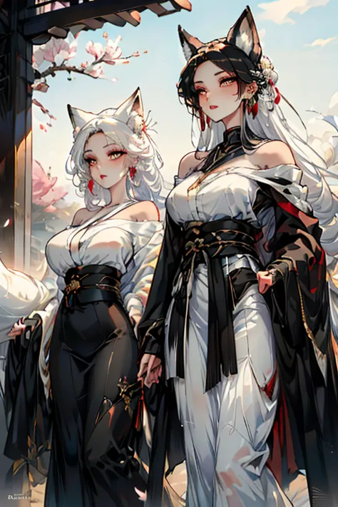 a handsome black haired man with golden eyes with black fox ears and a black fox tail is walking with a white haired woman with ...