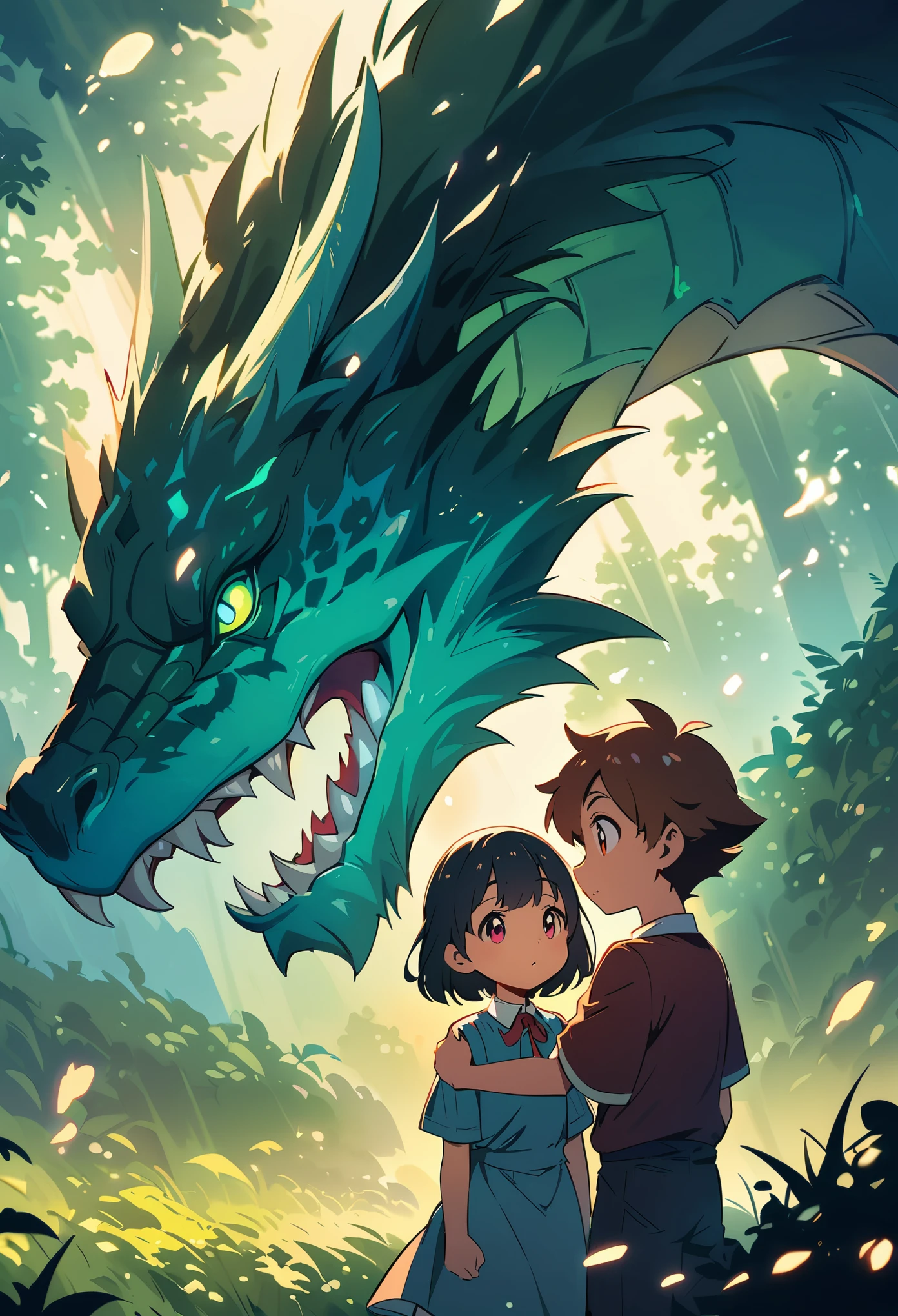 A little boy strokes the nose of an adult dragon, they stand in front of each other and look into one another's eyes, a dark forest with green grass is visible behind them, in an anime style, with soft lighting, beautiful light, dreamy colors, high resolution, sharp focus. The illustration is in the style of Atezro's art on Artstation. 