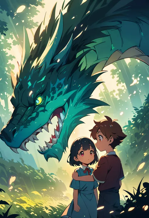 A little boy strokes the nose of an adult dragon, they stand in front of each other and look into one another's eyes, a dark for...