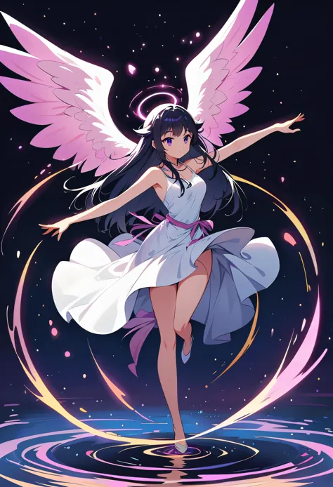 in a white dress dancing on water. She has black hair and is floating above the ground with glowing rings around her. She's twir...