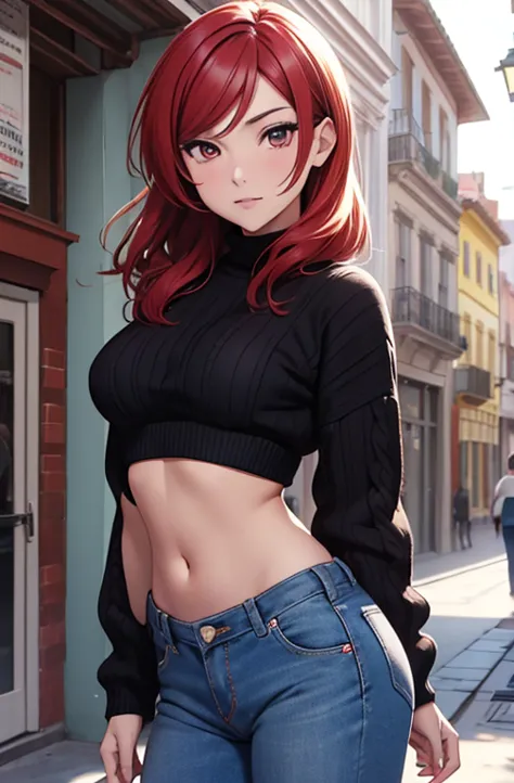 (obra maestra, mejor calidad, alta calidad),(nsfw:1.3),maki nishikino, cabello rojo, ojos morados, tiro de vaquero,pantalones de...