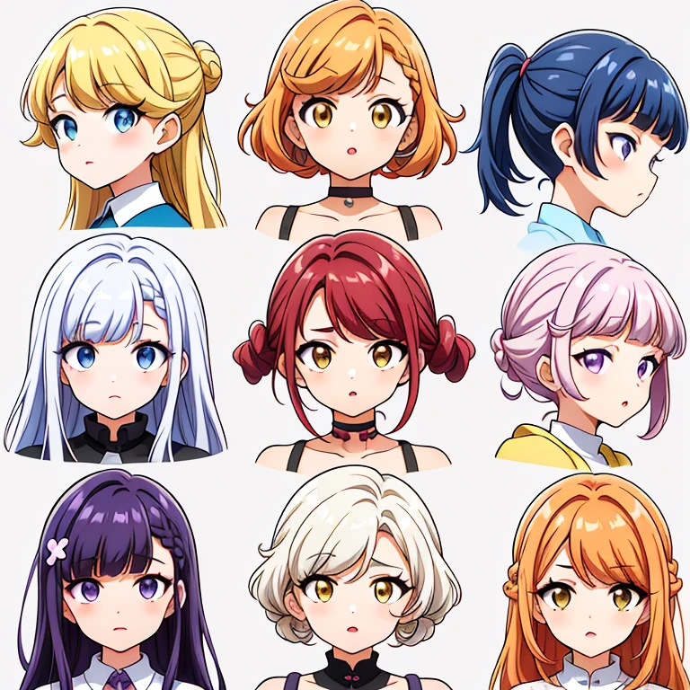 9 girls, white background,  different characters, multiple views, (Close up heads, portrait, mugshot), bra, bare shoulders, bikini, different hair colors, different hair styles, multiple expressions, 
twin-tail hair style, 
pony-tail hair, wavy 
long hair, 
braid, 
parted bangs, 
high ponytail, 
low ponytail, 
big hair, cornrows, 
hair bun, 
hair rings, 
half updo hairstyle, 
diagonal bangs, 
two side up hair, 
flipped hair, 
blunt bangs, 

warm-toned hair colors, 
cool-toned hair colors, 
brown hair color, 
red hair color, 
yellow hair color, 
white hair color, 
purple hair color, 
blue hair color,