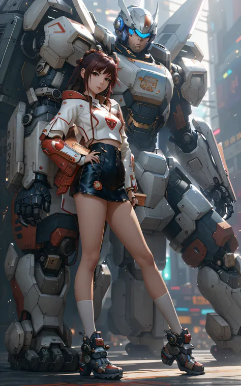 Cute girl from anime in red armor standing next to a giant robot、Guweiz style artwork、Girl mecha in cyberpunk anime、CGstation Tr...
