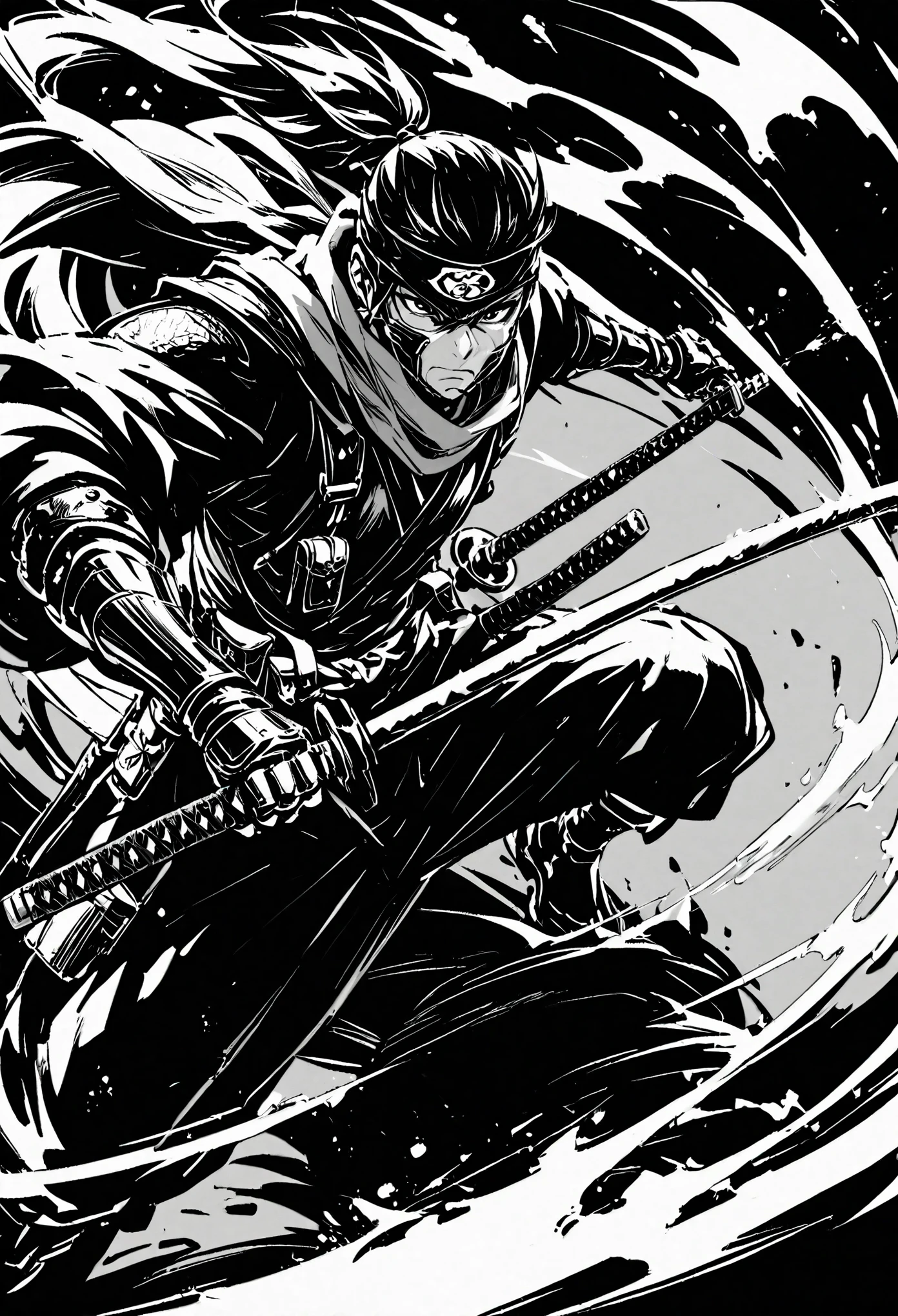 arma, 1 chico, espada, solo, katana, bufanda, tenencia, ninjas, tenencia arma, cola de caballo, brazo protésico, tenencia espada, bolsa, ropa japonesa, armadura