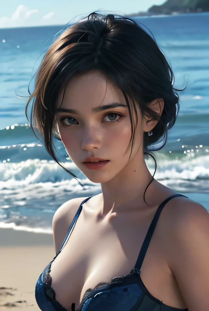 (((HD photo))), ultra high res.photorealistic:. 1.4, UHD, masterpiece, sexy 18 year old girl, solo, small perky breasts, pierced nipples, red laced bra, body focus, Detailed skin, Detailed Face, Detailed Lips, Detailed Eyes, beach and blue sea in background, nsfw