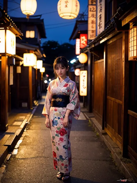 16 years old,female、prostitute、old japanese architecture、、Old Japanese entertainment district、、night、kimono、standing、