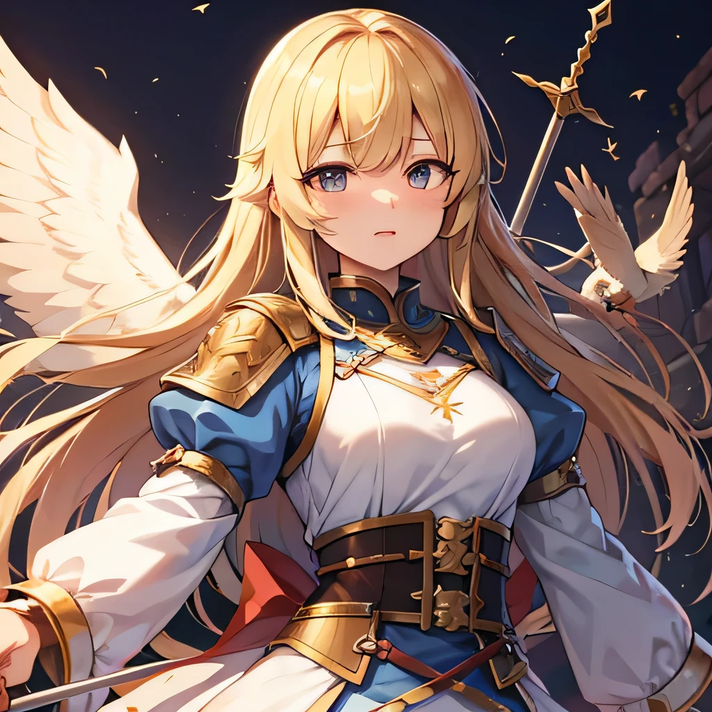 Kemono, female bird, bird wings, shieldmaiden, princess,  fighter, rebel leader, shining armor, fantasy, rapier, long blonde hair, hair over one eye, ample, one eye blinding bang