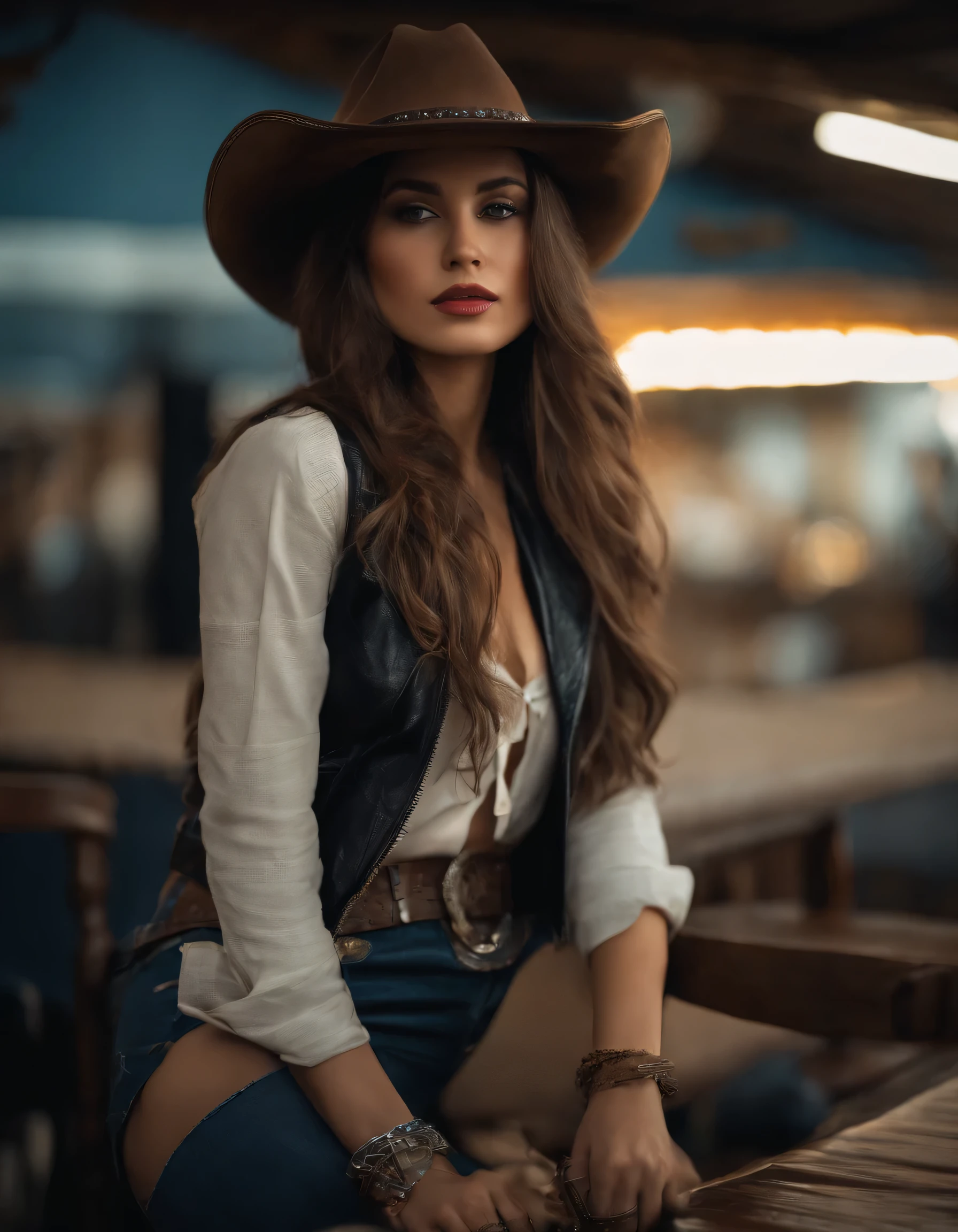 A woman in a cowboy hat sitting on a bench - SeaArt AI