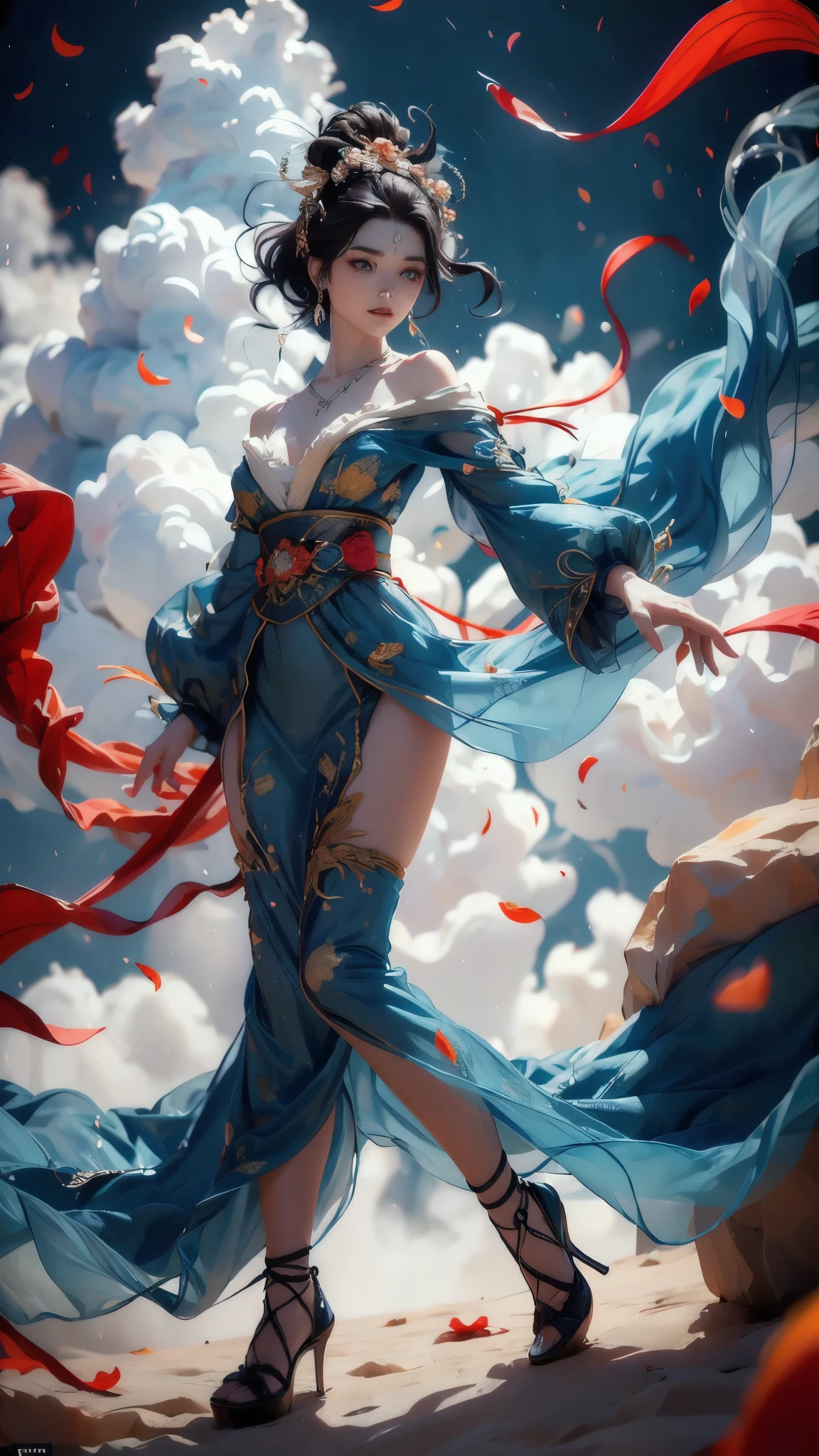 (La mejor calidad,A high resolution,Ultra - detallado,actual),xuer Fairy in Clouds,Clouds,Fog,smoke,(full body:1.1),Fly,(float,fall:1.4),Dynamic Angle,Perspective,
medium breasts,(Scattered petal:1.3),exposed collarbone,exposed shoulders,exposed abdomen,colorful costumes,Cyan red ribbon,(Detalles de la cara: 1.5, ojos azules brillantes, hermoso rostro, ojos bonitos, Contorno del iris, labios delgados: 1.5, Thin, sharp pale eyebrows, Long, dark eyelashes, double tabs),(manos perfectas: 1.4) ,( perfect anatomy) More detailed 8K.motor irreal:1.4,UHD,La mejor calidad:1.4, fotorrealista:1.4, textura de la piel:1.4, obra maestra:1.8,obra-prima, mejor calidad,objeto Objeto], (detailed face features:1.3),(Las proporciones correctas),  (pose vaquero), (colores brillantes),( nubes esponjosa white gigantes :1.4),( perfect anatomy) 
