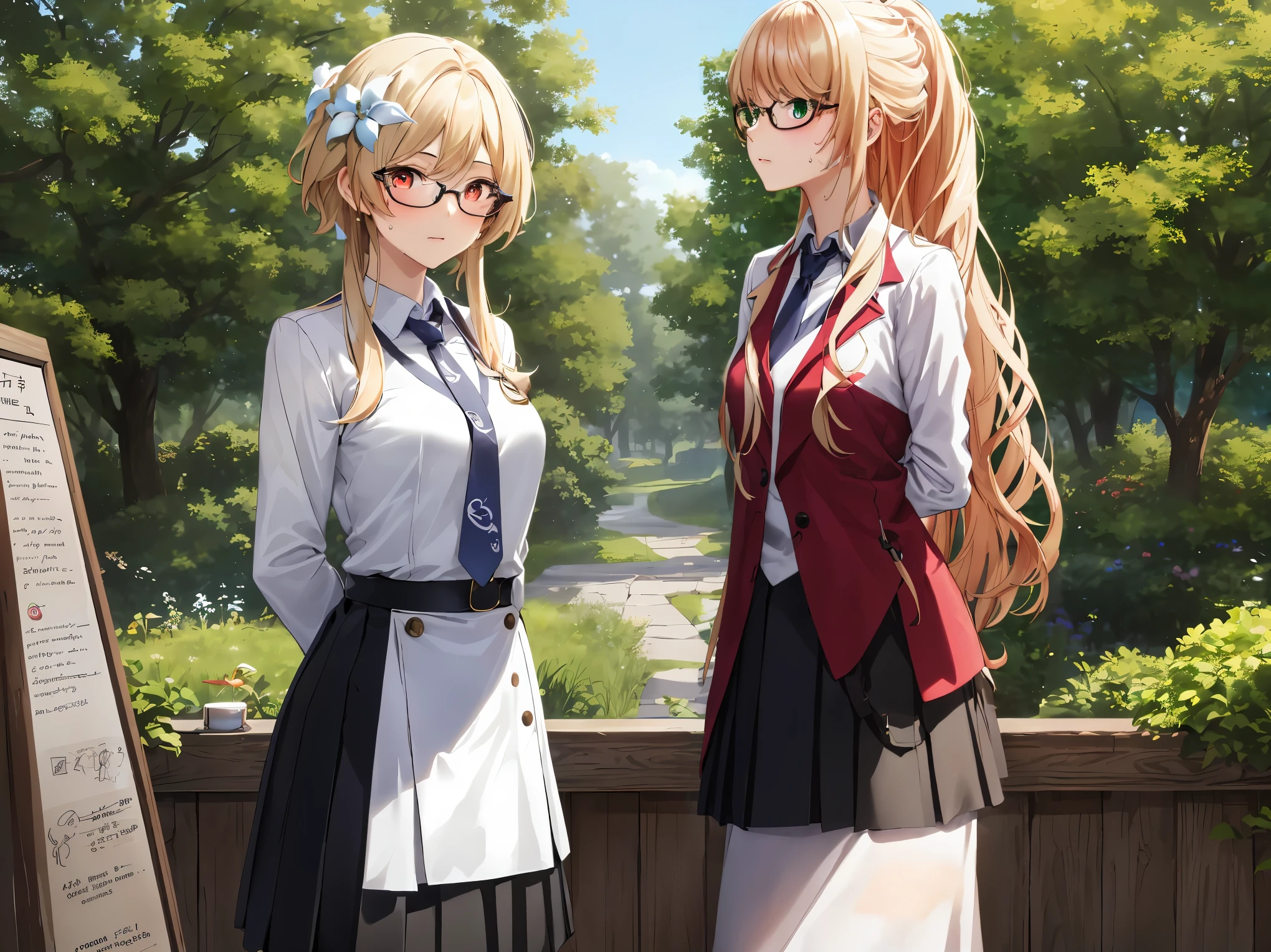 1girl, solo,lexiavonarselia, lexia von arselia, long hair, blonde hair, (green eyes:1.5), ponytail, pink hair, 
BREAK (glasses, skirt, shirt, , white shirt, pleated skirt, glasses, collared shirt, black skirt, vest, red necktie, labcoat, (white labcoat:1.2), brown vest:1.2),
BREAK （perspire，Sweat a lot，Blushlush，Be red in the face，Blushlush），Stand at the door of the phone booth,arms behind back,
BREAK ball gown, in the garden of trees, wedding decorations, 
BREAK ((top quality, 8k, masterpiece: 1.3, ultra hd, high quality, best quality, high definition, realism)), sharp focus: 1.5, Beautiful woman with Slim body, (perfect hands, perfect anatomy),