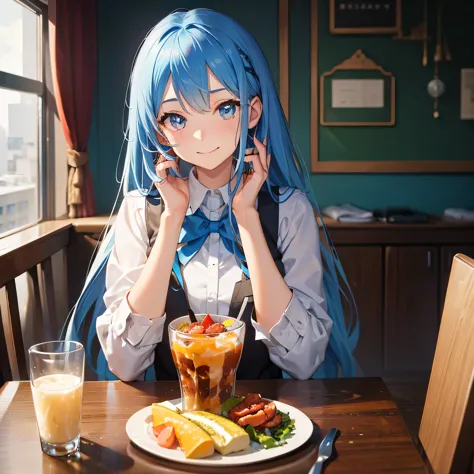 Beautiful smiling girl with blue hair having lunch,Beautiful 5 fingers