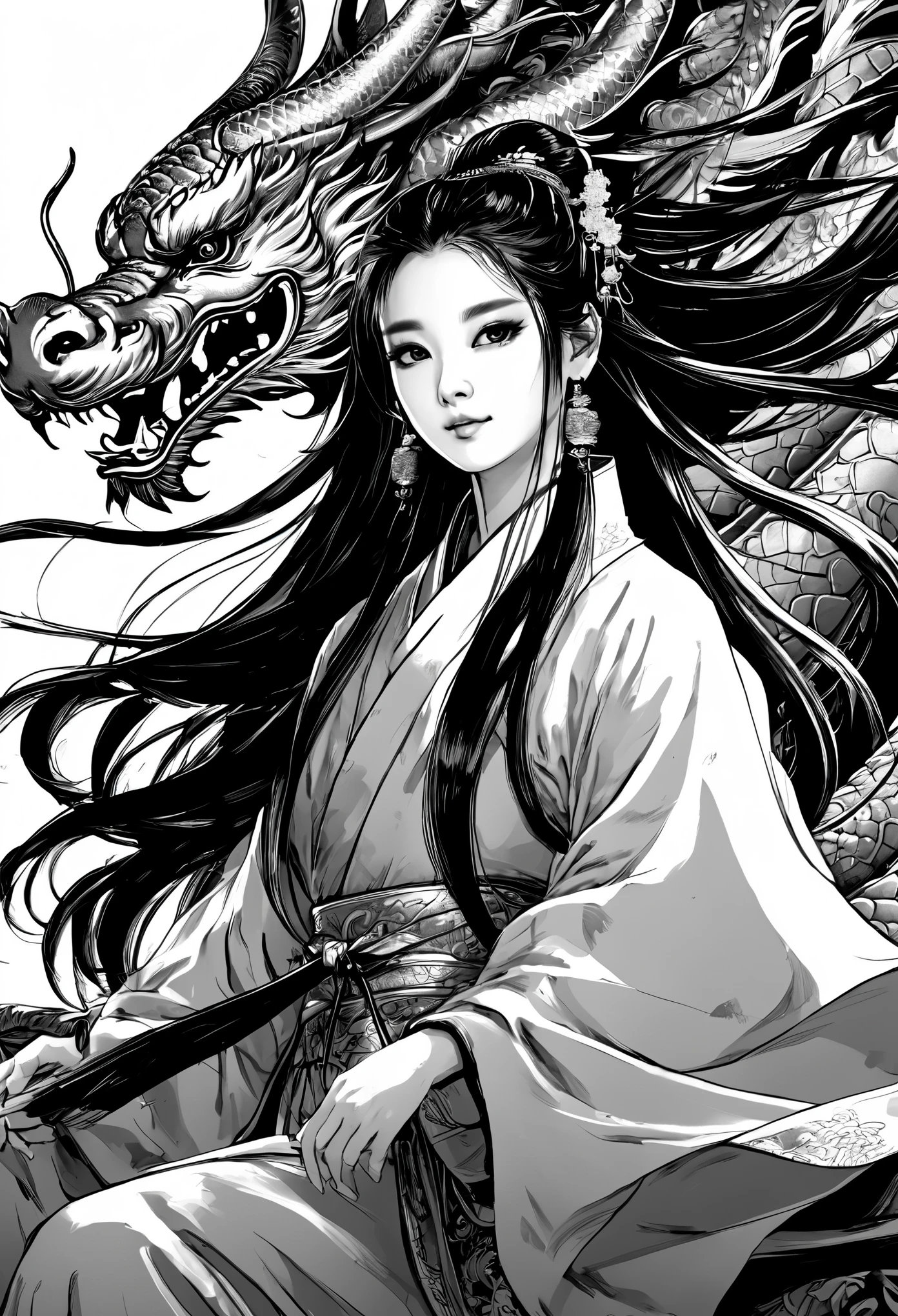 (chef-d&#39;œuvre, qualité supérieure, Meilleure qualité,esthétique:1.2),ultra-détaillé,1 fille,cheveux longs,hanfu,Dragon chinois,Chinoise
