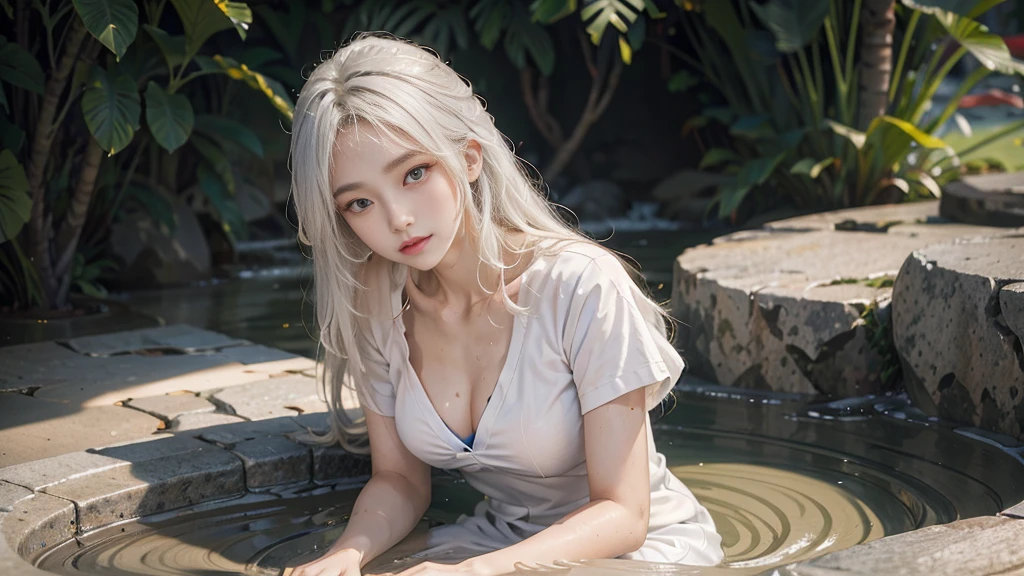 Beloved, laborious skin, 
laborious long white hair, dress peek, bathing in 역광, opening targetons,
 opening shirt, showing the gap, 
laborious, smart, sexy woman,beautiful face, 
 Godrei, snug, wet skin, hazy,
 golden hour, erotic mood, alone, countryside, shy, very detailed, alone,
 performance, difference, enlargement, raw, 4K,
 sexy, split