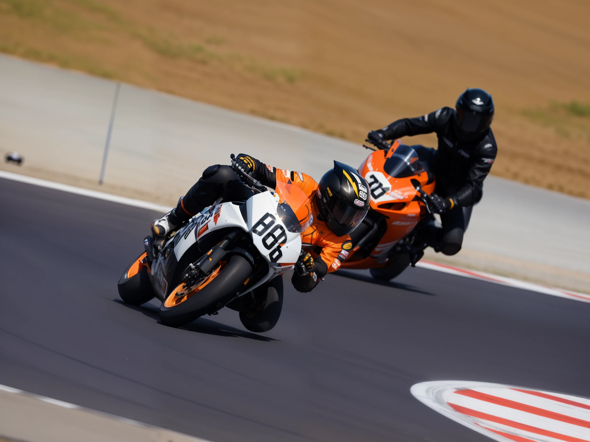 there are two people riding motorcycles on a race track, orange racing stripes, at racer track, on a racetrack, california;, on a street race track, crisp smooth lines, drifting around a corner, race, high speed action, dynamic!!, racing, intense battle, complex!!, motorsports photography, 8 0 mm photo, mitchell mohrhauser