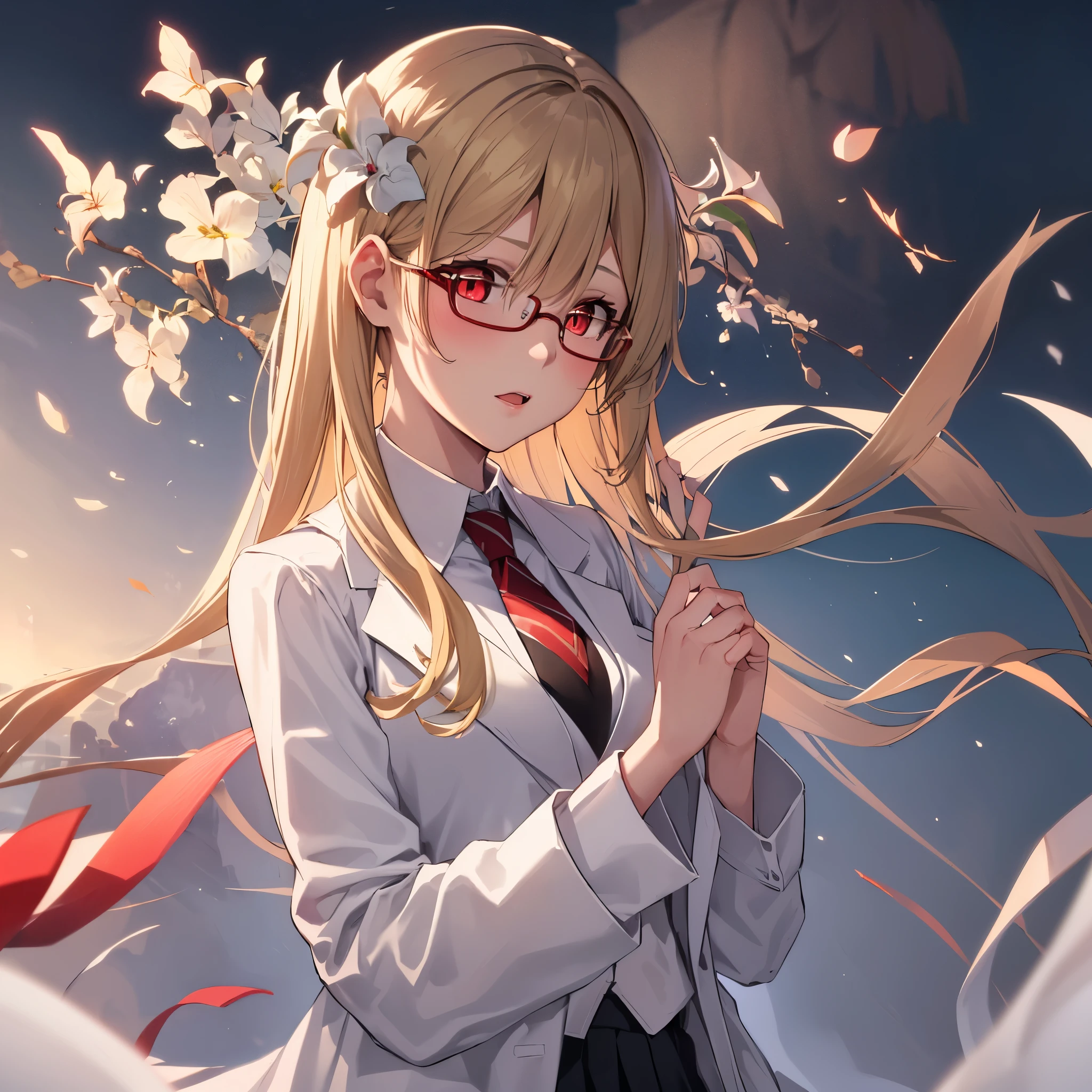 1girl, solo, luminedef, cleavage, (glowing red eyes)
BREAK (glasses, skirt, shirt, , white shirt, pleated skirt, glasses, collared shirt, black skirt, vest, red necktie, labcoat, (white labcoat:1.2), brown vest:1.2),
BREAK ((top quality, 8k, masterpiece: 1.3, ultra hd, high quality, best quality, high definition, realism)), sharp focus: 1.5, Beautiful woman with Slim body, (perfect hands, perfect anatomy),