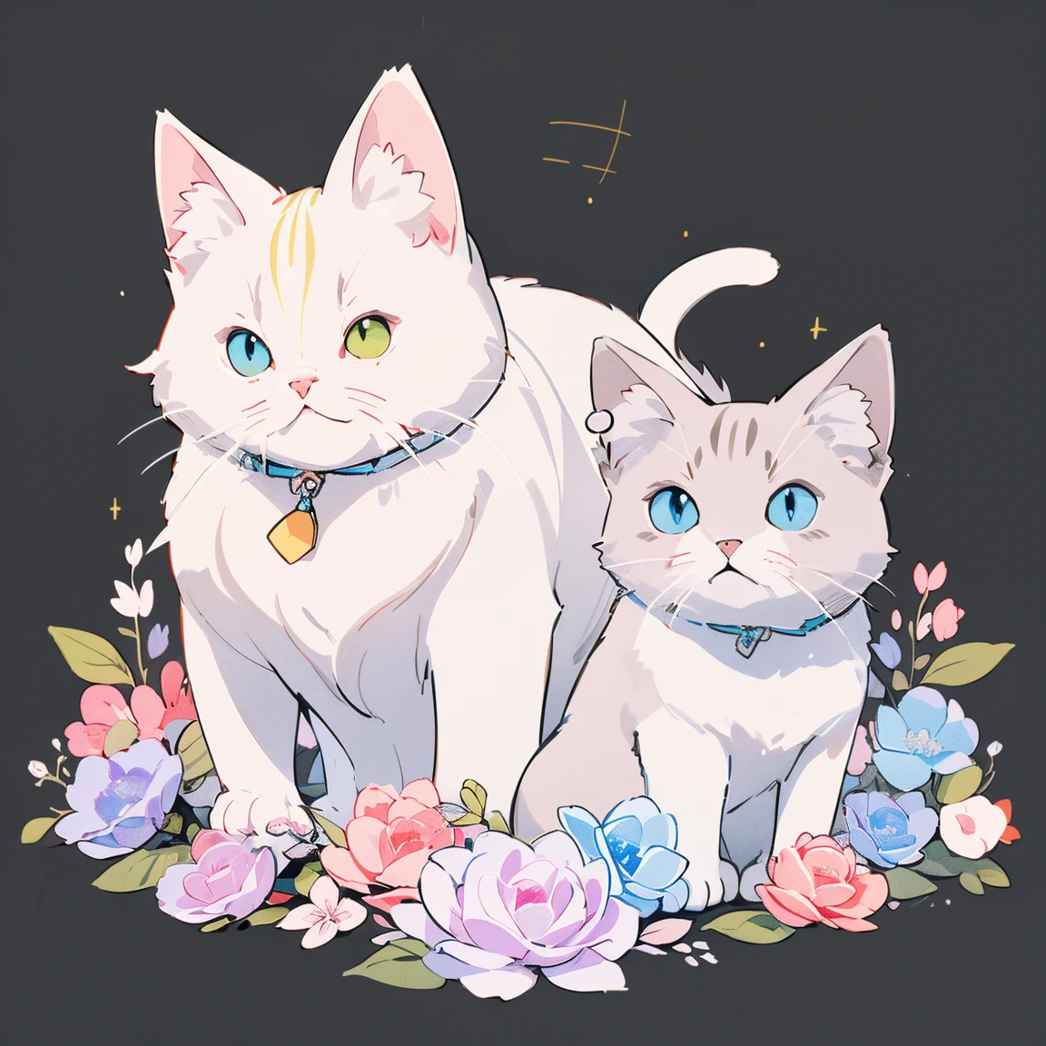 (highest quality、masterpiece、High resolution、detailed)、(pastel colour)、(Fewer color schemes:1.2)、Cat, Fluffy and cute、Bright illustration taste 1.4、simple background:1.8