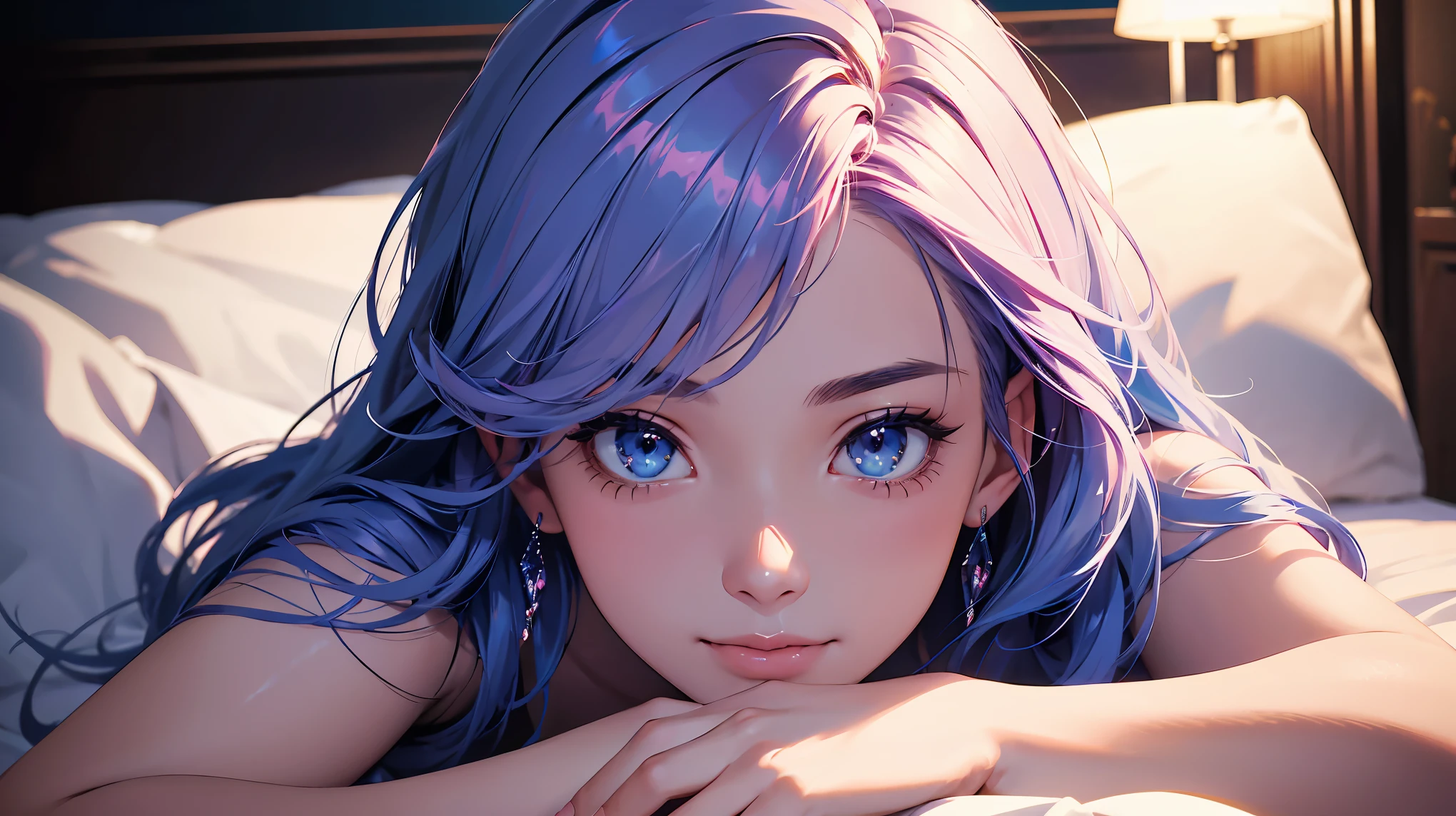 Blue Hair Anime Porn Facial - Anime girl with blue hair laying on bed with white sheets - SeaArt AI