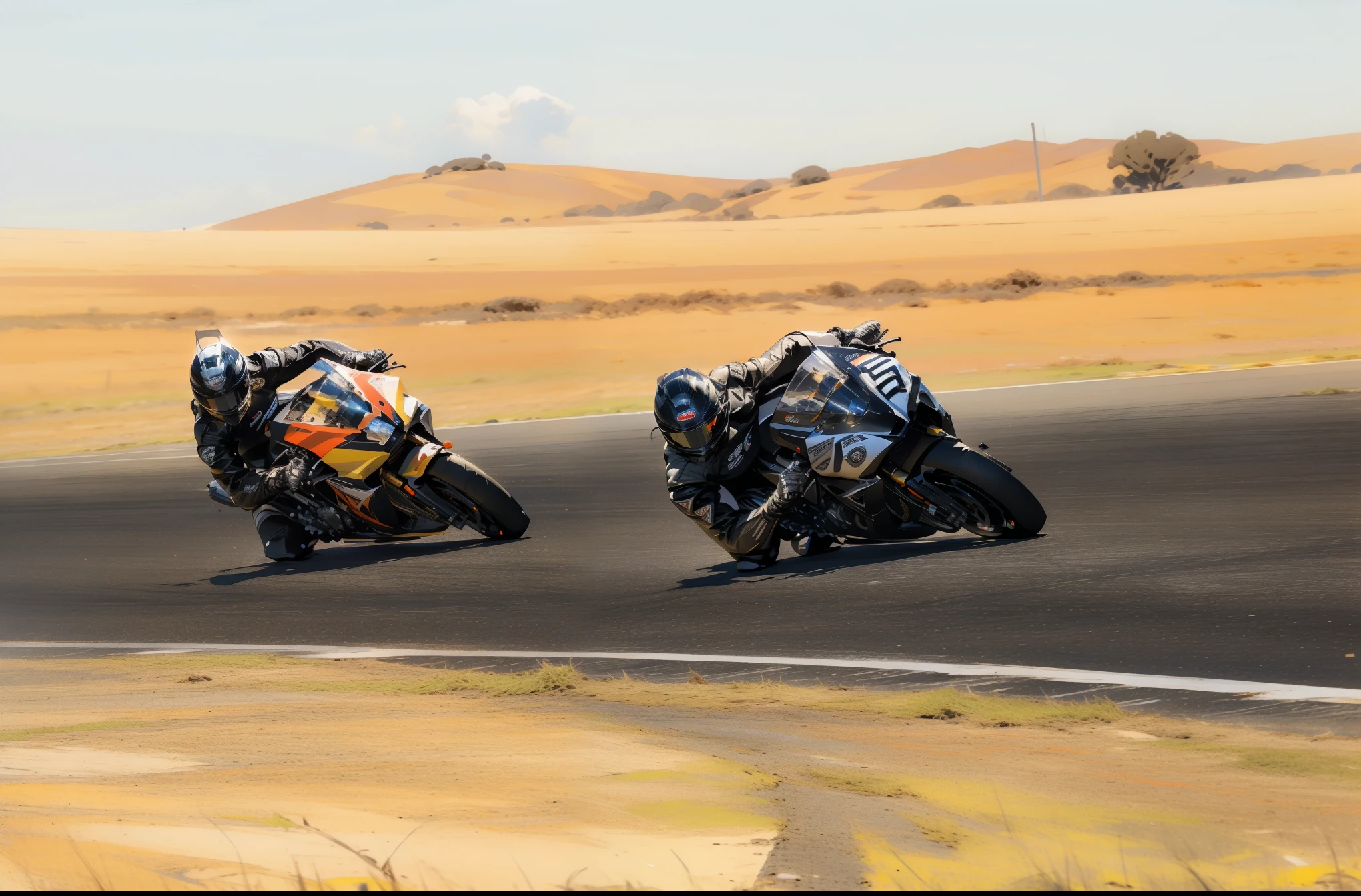 there are two people riding motorcycles on a race track, race, on a racetrack, wide shot!!!!!!, sf, racing, kelogsloops and greg rutkowski, on a street race track, at racer track, center straight composition, panning shot, badass composition, california;, round about to start, profile shot, a head-on