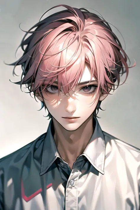 Masterpiece, Best Quality, Ultra Detailed, Floating, High Resolution, 1 boy, gray eyes, pink hair|black hair, Short hair, Detail...