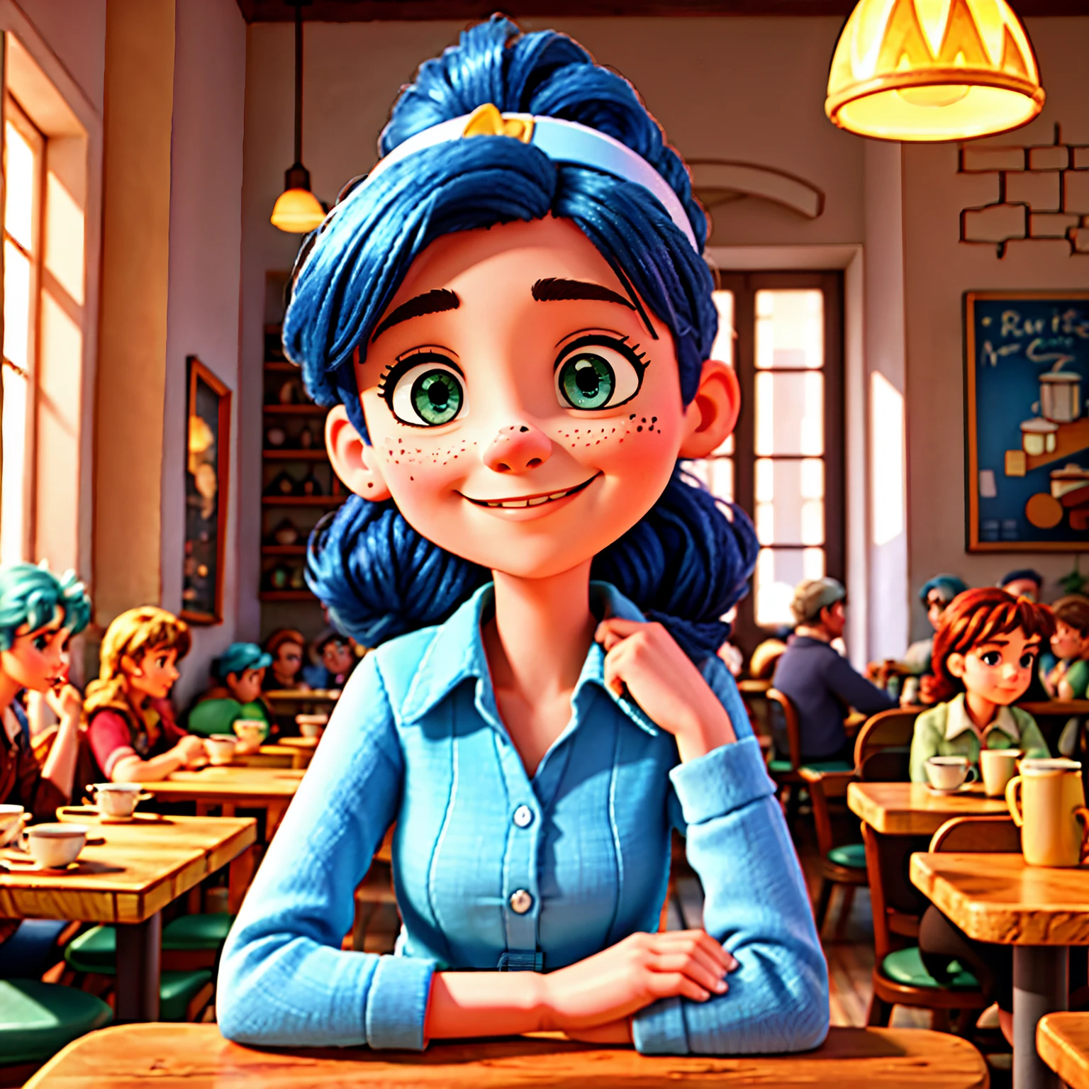 Nestled in a quaint corner of a cozy café, Marinette Dupain-Cheng, the Masterpiece Marvel comic book character, sits in best quality, realistic seating. Her radiant 18-year-old self dons a blue hair ponytail with a length of 1.1 meters, creating a striking contrast against her fashionable black-ribboned headband. As the 50’s years of the café glow around her, the warm, hyperrealistic, 16k hdr light bathes her figure, amplifying every single detail.

The quaint café setting, reminiscent of a bygone era, is bathed in a ser