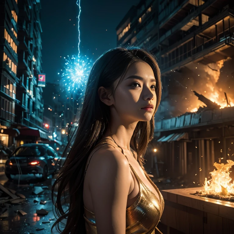 (highest quality、4k、8k、High resolution、master piece: 1.2)、Super detailed、(real、photorealistic、photorealistic: 1.37)、Destruction of a Great City、(A telekinetic woman stands in front of a spaceship controlled by the invaders:1.37) 、Women are young and beautiful、18-year-old、unparalleled beauty、Insert mental barriers to resist robot attacks、vibrant cityscape、Bright colors、Shining skyscrapers、busy street、Futuristic architecture and technology、Advanced holographic display、Neon light splashes 、dramatic lighting、intense shadow、Awe-inspiring power that exudes from women、Determination in His Eyes、An elegant flowing gown、Dynamic action in the wind、Reach out and rush towards the robot.、A powerful energy emanates from the hands、Blue glowing aura、sparks of electricity、electricity crackling in the air、A vortex of energy surrounding a woman、A fascinating and surreal atmosphere、A sense of danger and impending destruction、Background chaos and destruction、Crumbling buildings、flying debris、Smoke and flames、 The contrast between beauty and destruction、The war between technology and the extraordinary power of young women。
