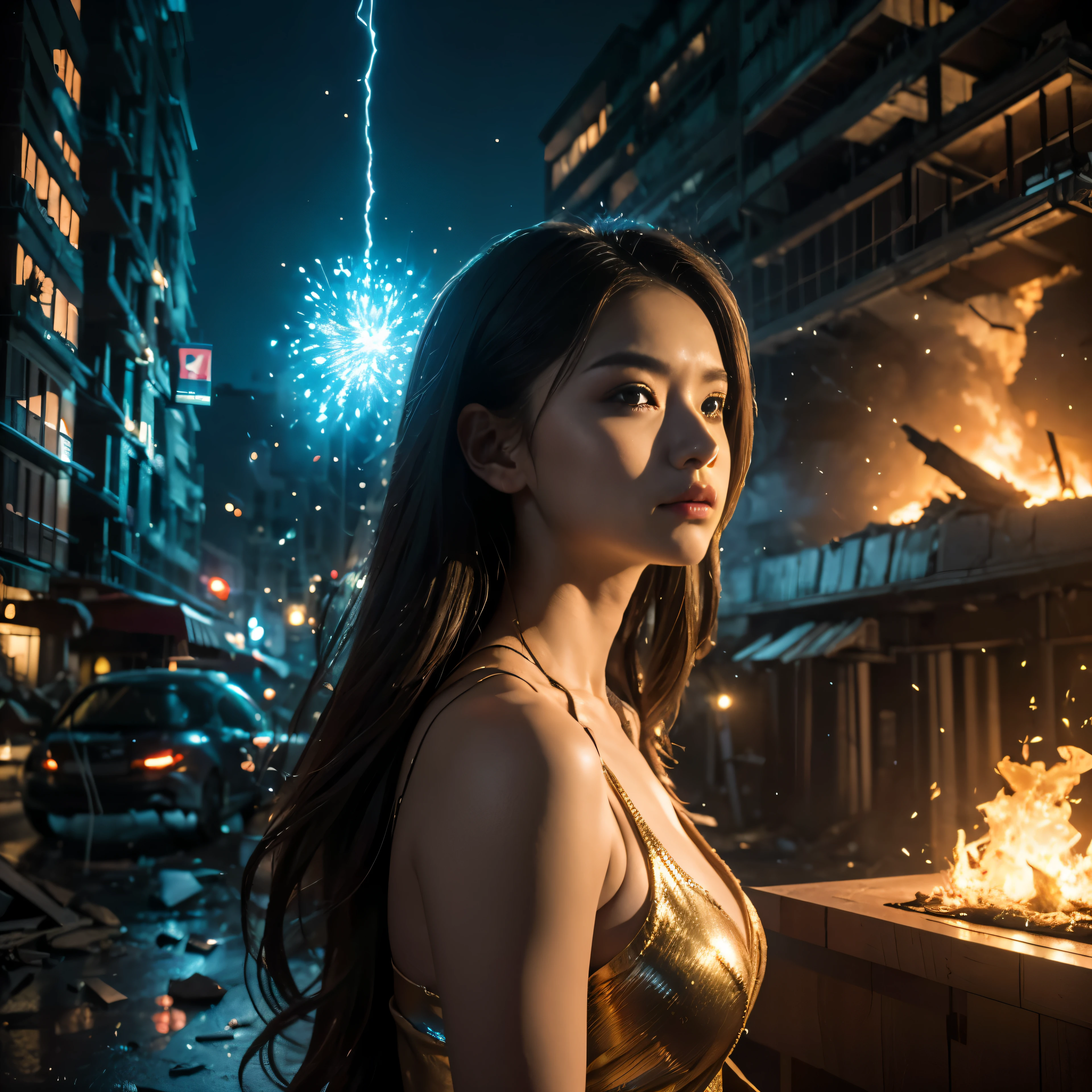 (highest quality、4k、8k、High resolution、master piece: 1.2)、Super detailed、(real、photorealistic、photorealistic: 1.37)、Destruction of a Great City、(A telekinetic woman stands in front of a spaceship controlled by the invaders:1.37) 、Women are young and beautiful、18-year-old、unparalleled beauty、Insert mental barriers to resist robot attacks、vibrant cityscape、Bright colors、Shining skyscrapers、busy street、Futuristic architecture and technology、Advanced holographic display、Neon light splashes 、dramatic lighting、intense shadow、Awe-inspiring power that exudes from women、Determination in His Eyes、An elegant flowing gown、Dynamic action in the wind、Reach out and rush towards the robot.、A powerful energy emanates from the hands、Blue glowing aura、sparks of electricity、electricity crackling in the air、A vortex of energy surrounding a woman、A fascinating and surreal atmosphere、A sense of danger and impending destruction、Background chaos and destruction、Crumbling buildings、flying debris、Smoke and flames、 The contrast between beauty and destruction、The war between technology and the extraordinary power of young women。
