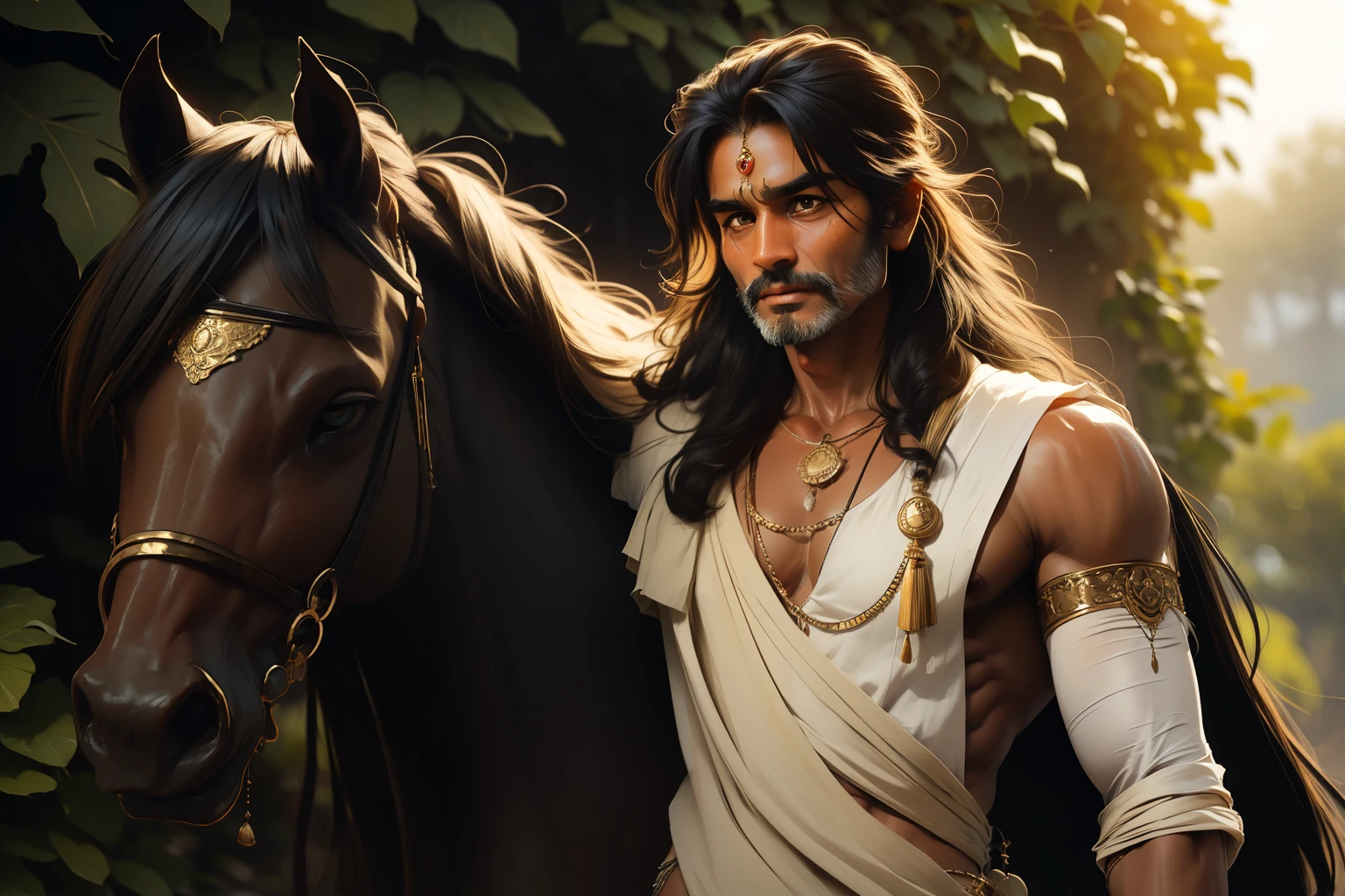 Man from India with bronze skin, dark long hair, slightly disheveled strands gathered in a high ponytail, Large golden almond-shaped eyes, upturned snub nose, Broad shoulders, White sari, little chest, Narrow waist, wide thighs, ssmile, Against the backdrop of a green Indian garden One man who is the king of the world who has a sword in his hand