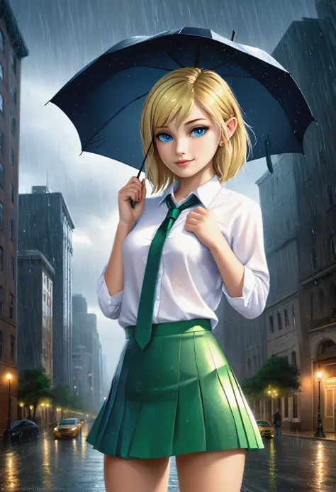 a girl with short, blonde hair and blue eyes, wearing a white shirt, a green tie, and a green skirt stands in a detailed city se...