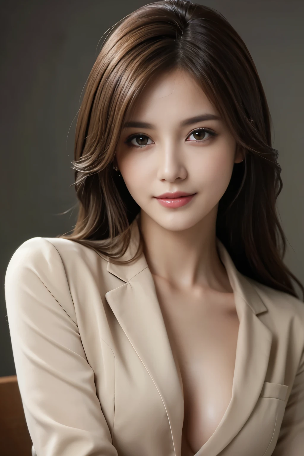 table top, highest quality, realistic, Super detailed, finely, High resolution, 8k wallpaper, 1 beautiful woman,, light brown messy hair, wearing a business suit, sharp focus, perfect dynamic composition, beautiful and detailed eyes, thin hair, Detailed realistic skin texture, smile, close-up portrait, model body shape