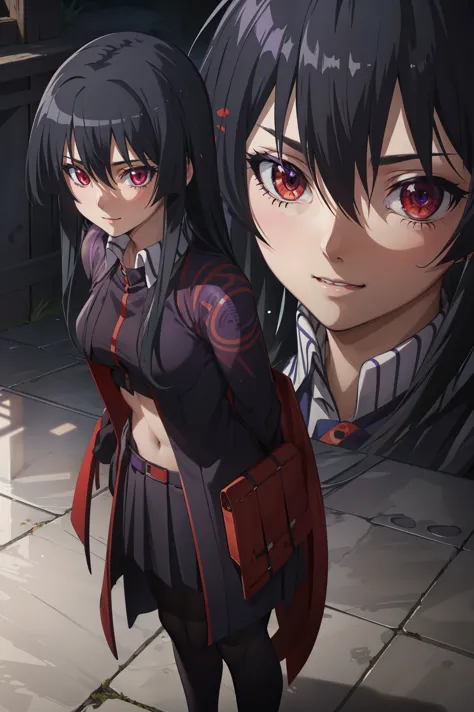 score_8_up, score_7_up, source_anime, akame, 1girl, solo, black hair, long hair, (glowing red eyes:1.2),
break (purple_clothes, ...