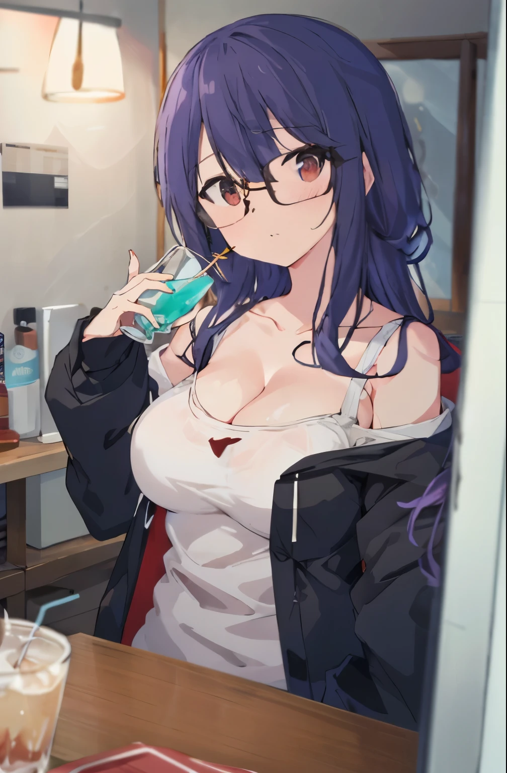 Anime girl with glasses drinking a drink in a cafe - SeaArt AI