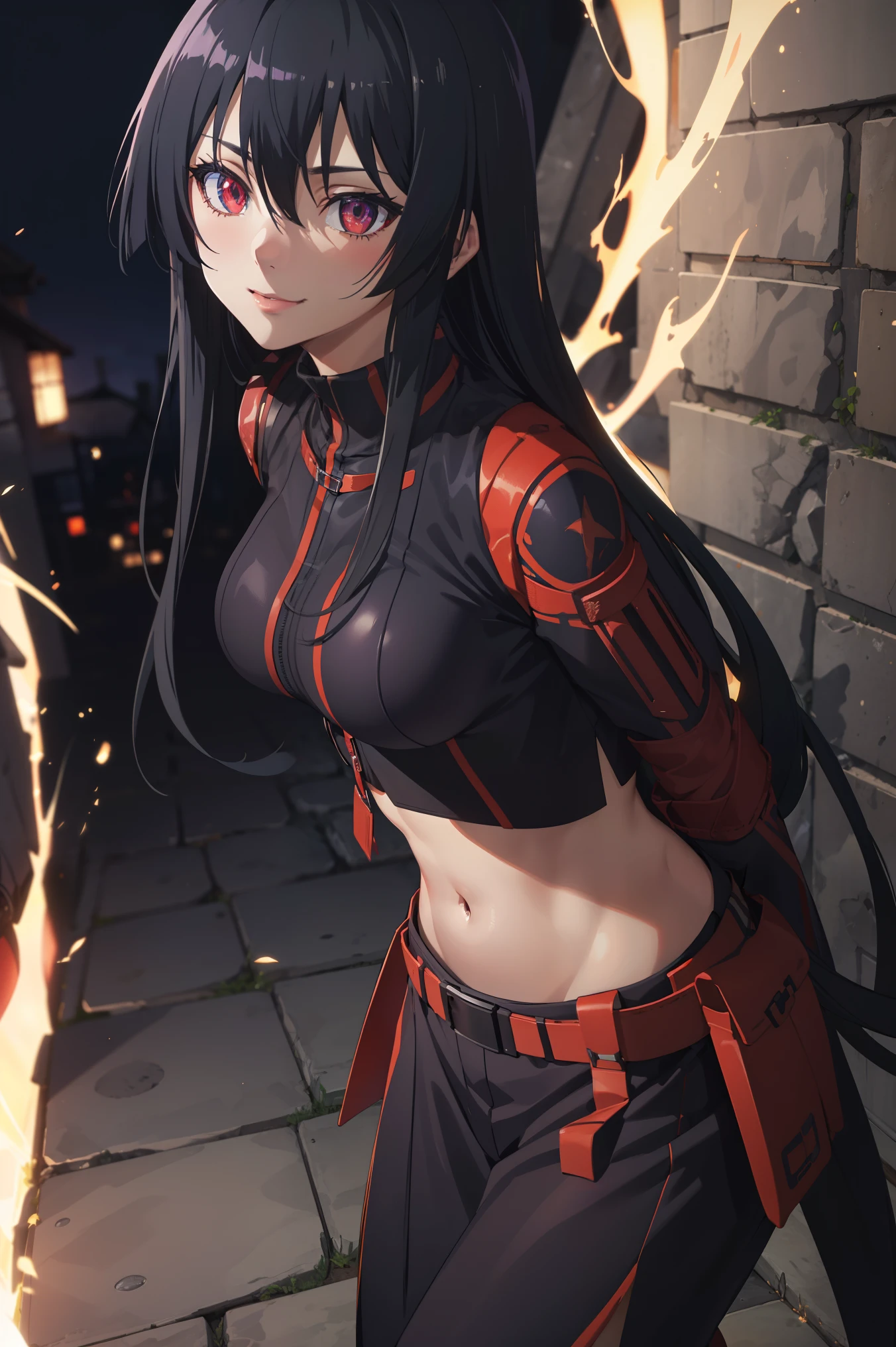 score_8_up, score_7_up, source_anime, Akame, 1girl, solo, black hair, long hair, (glowing red eyes:1.2),
BREAK (purple_clothes, ninja_clothes,navel:1.2),
BREAK full-length portrait,full entire body,arms behind back,cute smile,Front view,
BREAK (masterpiece:1.2), best quality, high resolution, unity 8k wallpaper, (illustration:0.8), (beautiful detailed eyes:1.6), extremely detailed face, perfect lighting, extremely detailed CG, (perfect hands, perfect anatomy),perfect face,