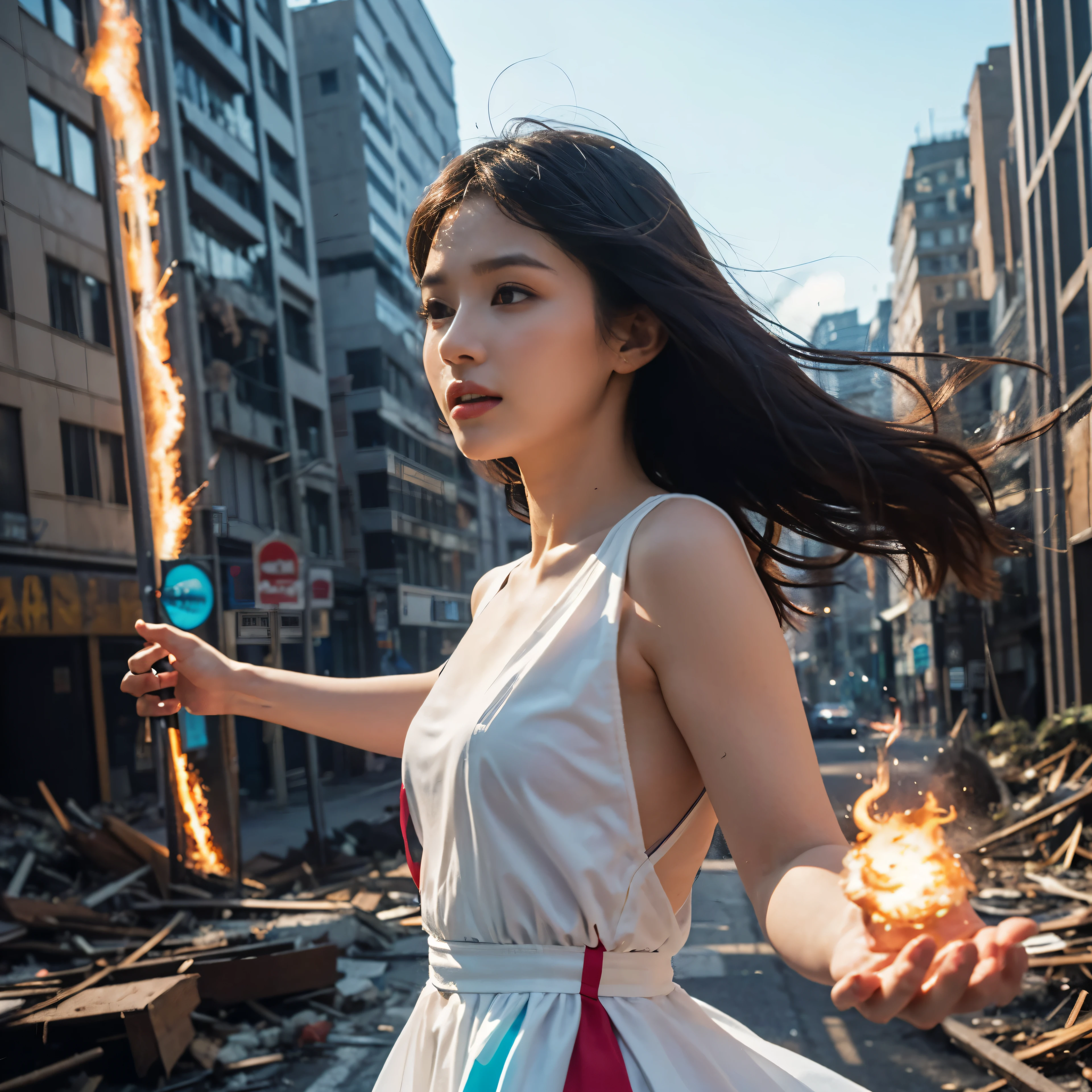(highest quality、4k、8k、High resolution、master piece: 1.2)、Super detailed、(real、photorealistic、photorealistic: 1.37)、Destruction of a Great City、(A telekinetic woman stands in front of a spaceship controlled by the invaders:1.37) 、(Women are young and beautiful、18-year-old、unparalleled beauty:1.5)、Insert mental barriers to resist robot attacks、vibrant cityscape、Bright colors、Shining skyscrapers、busy street、Futuristic architecture and technology、Advanced holographic display、Neon light splashes 、dramatic lighting、intense shadow、Awe-inspiring power that exudes from women、Determination in His Eyes、An elegant flowing gown、Dynamic action in the wind、Reach out and rush towards the robot.、A powerful energy emanates from the hands、Blue glowing aura、sparks of electricity、electricity crackling in the air、A vortex of energy surrounding a woman、A fascinating and surreal atmosphere、A sense of danger and impending destruction、Background chaos and destruction、Crumbling buildings、flying debris、Smoke and flames、 The contrast between beauty and destruction、The war between technology and the extraordinary power of young women。
