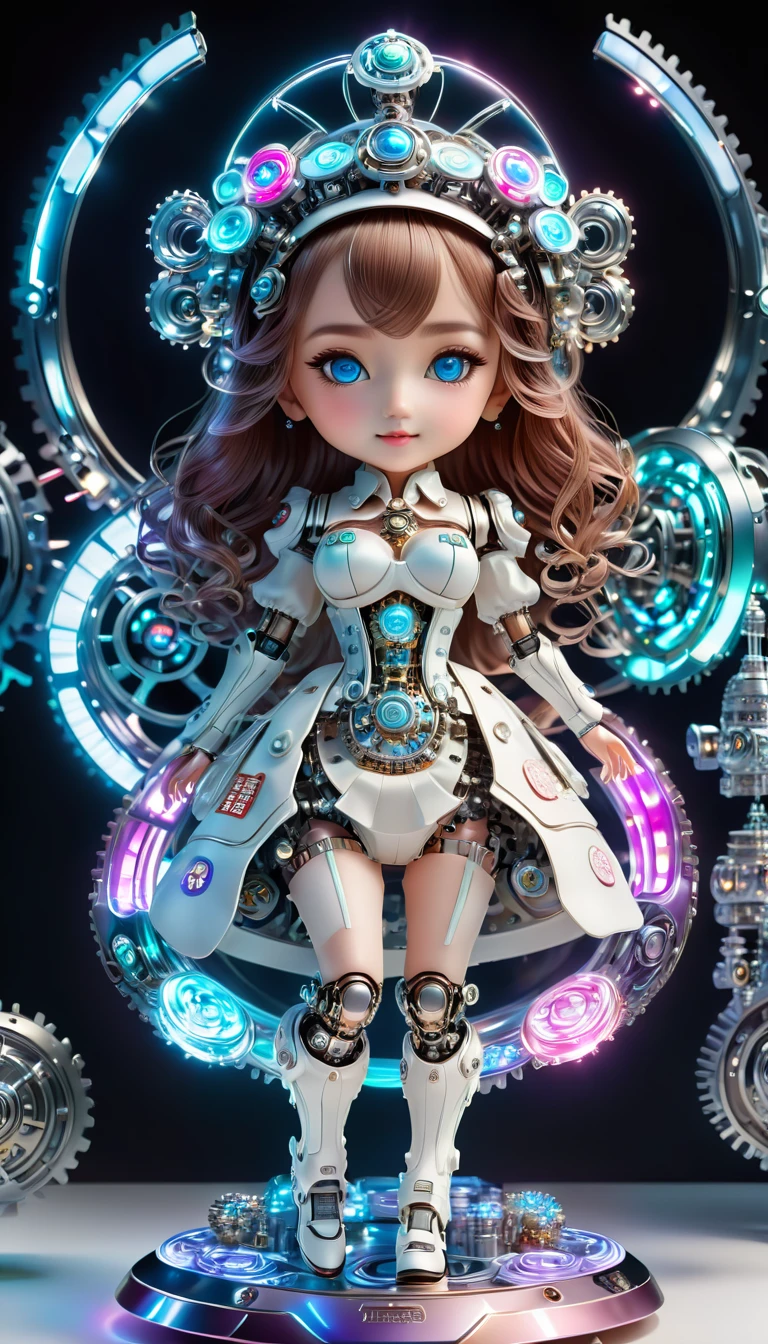 Pixar style, (Blind box toy style:1.2), (full-body shot) , 1 transparent cute mechanical nurse doll, Transparent mecha, Exquisite nurse hat:1.2, 夜Light护目镜:1.2, Colorful neon Lights, High-tech mechanical parts, Metal body, Detailed mechanical metal design, bright colors, 動態發Light, 反Light金属表面, Bright environment, dynamic poses, Exquisite existence, Skill improvement, Interlocking mechanical gears, Stylish design, motion blur effect, Metalworking details, Sci-fi atmosphere, Streamlined aerodynamic shape, 激Light扫描图案, Holographic projection, LED Light track, beautiful and unforgettable, Advanced sensors, complex algorithm, Ominous and mysterious atmosphere, electric spark, Shiny chrome plating, Propulsion systems of the future, Clean, White background, (global illumination, Light线追踪, high dynamic range, Unreal rendering,Reasonable design, high detail, masterpiece, best quality, ultra high definition, Light)，chibi，locomotive，3D style