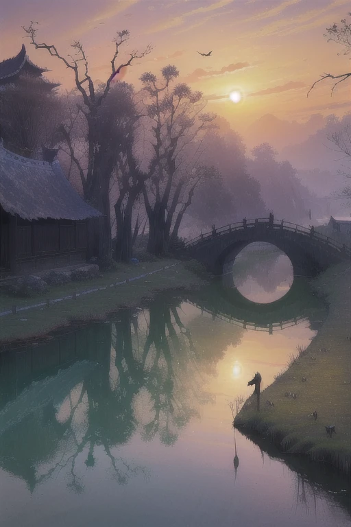 masterpiece, high quality, high resolution,8k, chinese painting ,, Withered vines, aged ((trees)), dusk ((crows)) cawing free,, ((a small bridge)), flowing water, (((a humble dwelling))),  (a horse:1.6),, Westward blows the chilly wind on ((an ancient path)),, As the sun sets, my heart aches with a lonely wrath,, 