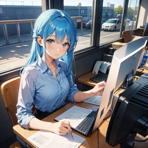 Blue haired girl doing desk work