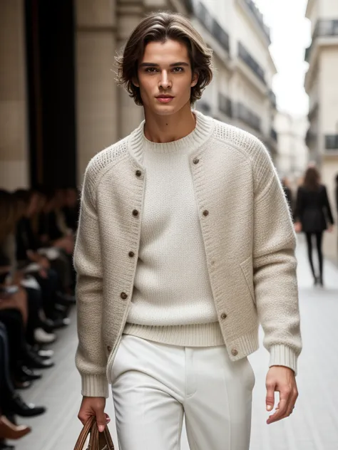 Soft lighting like a movie、Illuminates a handsome Brazilian male supermodel with amazing detail and ultra-realistic。paris collec...