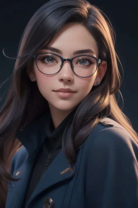 (best quality, masterwork:1.2), ultra-detailed, realistic:1.37, young woman with glasses, stunning long hair, wearing a dark blu...