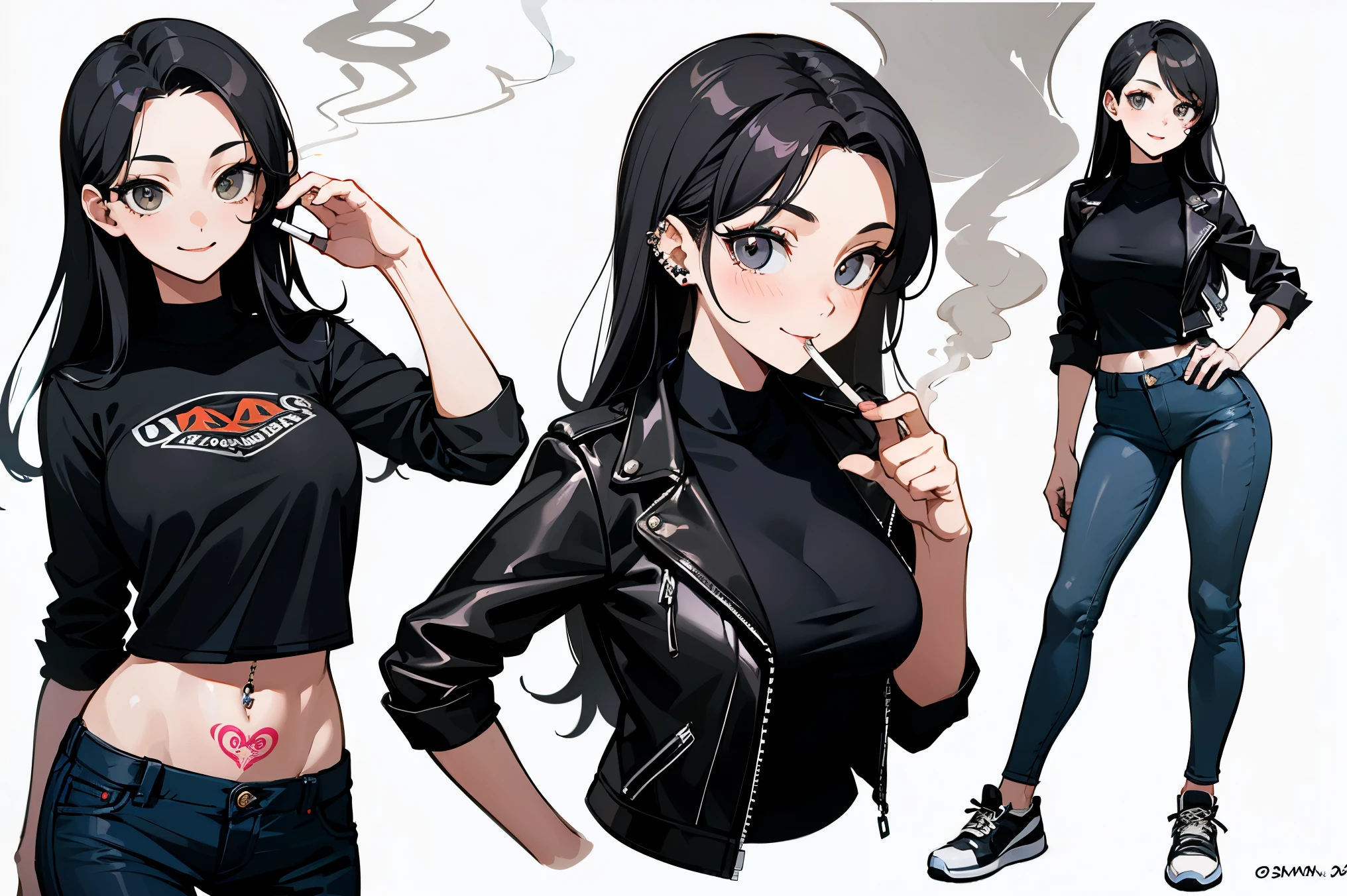 top quality, Detailed face, Character Sheet,(((Young woman:1.5))), ((whole body:1.2)), Full of details, Multiple postures and facial expressions, very detailed, Depth, 1 Young woman, without bangs, (black long hair, Gray sexy eyes, Straight hair, Black T-shirt and Leather Jacket looks, medium breasts, High neckline, strap, tattoos, piercing, Skinny black jeans, White running shoes, Rocker style, sexy smile and pose,Discolored skin, smokes a cigarette