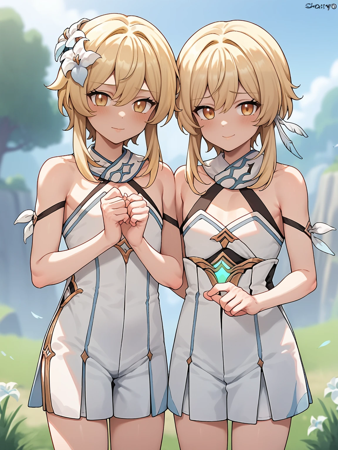 score_9,score_8_up,score_7_up,rating: general,1oyy, girl, duo, bisexual, aether, genshin impact, siblings, brother and sister, aether (femboy, flat chest, male, long single braid hair, dark blonde hair), lumine (short hair, female, , light blonde hair), outdoors, front view, shy, looking at viewer,  embarrassed, forest, aether and lumine 