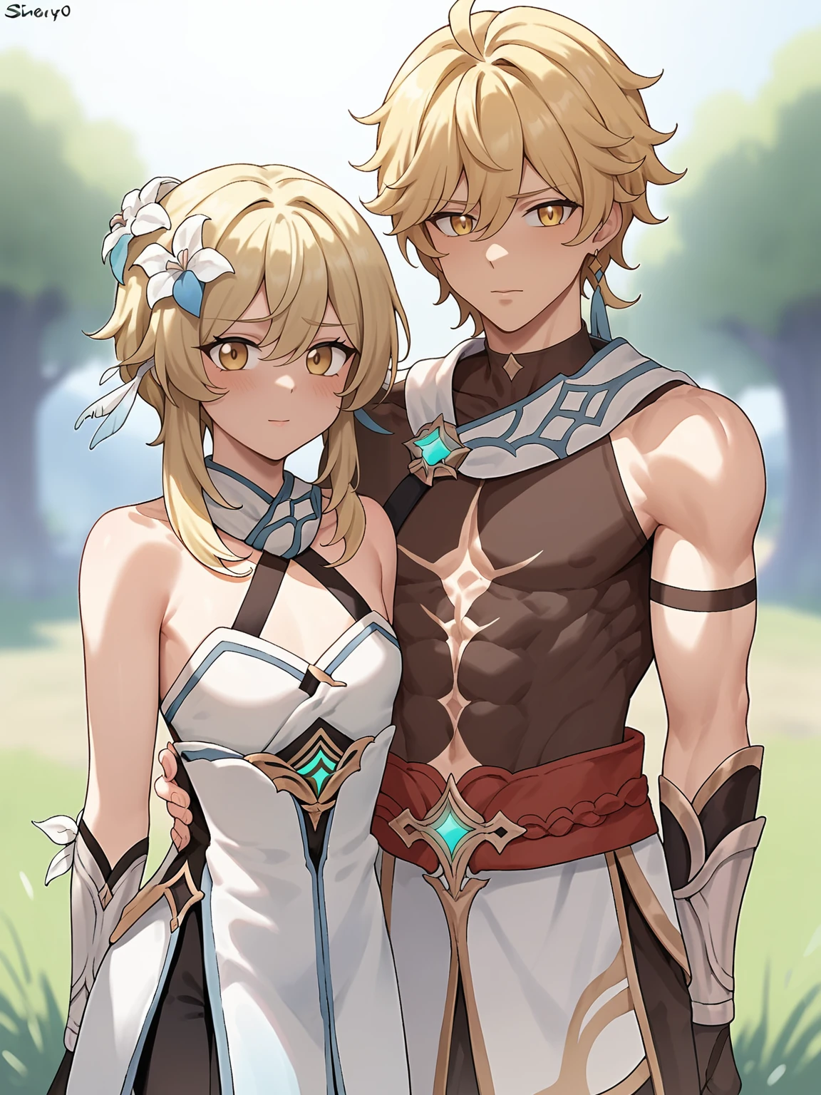 score_9,score_8_up,score_7_up,rating: general,1oyy, girl, duo, bisexual, aether, genshin impact, siblings, brother and sister, aether (femboy, flat chest, male, long single braid hair, dark blonde hair), lumine (short hair, female, , light blonde hair), outdoors, front view, shy, looking at viewer,  embarrassed, forest, aether and lumine 