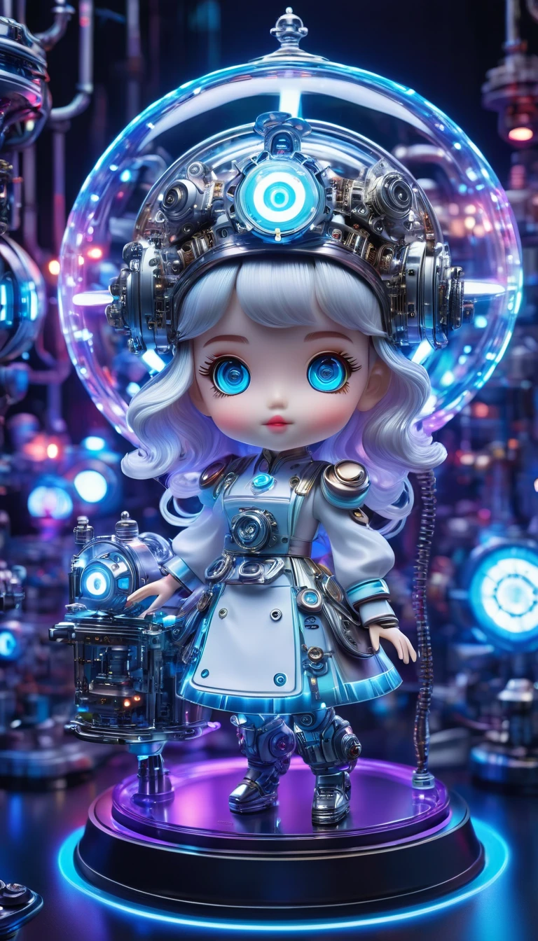 Pixar style, (Blind box toy style:1.2), (full-body shot) , 1 transparent cute mechanical nurse doll, Transparent mecha, Exquisite nurse hat:1.2, 夜Light护目镜:1.2, Colorful neon Lights, High-tech mechanical parts, Metal body, Detailed mechanical metal design, bright colors, 動態發Light, 反Light金属表面, Bright environment, dynamic poses, Exquisite existence, Skill improvement, Interlocking mechanical gears, Stylish design, motion blur effect, Metalworking details, Sci-fi atmosphere, Streamlined aerodynamic shape, 激Light扫描图案, Holographic projection, LED Light track, beautiful and unforgettable, Advanced sensors, complex algorithm, Ominous and mysterious atmosphere, electric spark, Shiny chrome plating, Propulsion systems of the future, Clean, White background, (global illumination, Light线追踪, high dynamic range, Unreal rendering,Reasonable design, high detail, masterpiece, best quality, ultra high definition, Light)，chibi，locomotive，3D style