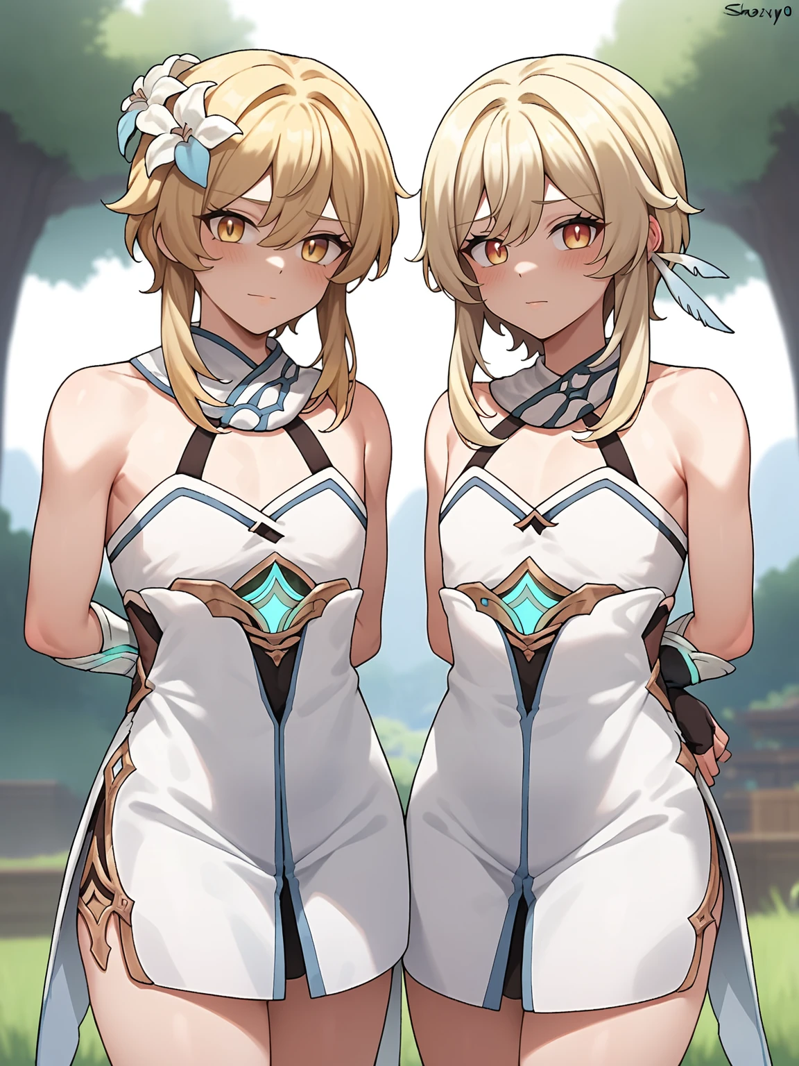 score_9,score_8_up,score_7_up,rating: general,1oyy, girl, duo, bisexual, aether, genshin impact, siblings, brother and sister, aether (femboy, flat chest, male, long single braid hair, dark blonde hair), lumine (short hair, female, , light blonde hair), outdoors, front view, shy, looking at viewer,  embarrassed, forest, aether and lumine, arms behind back