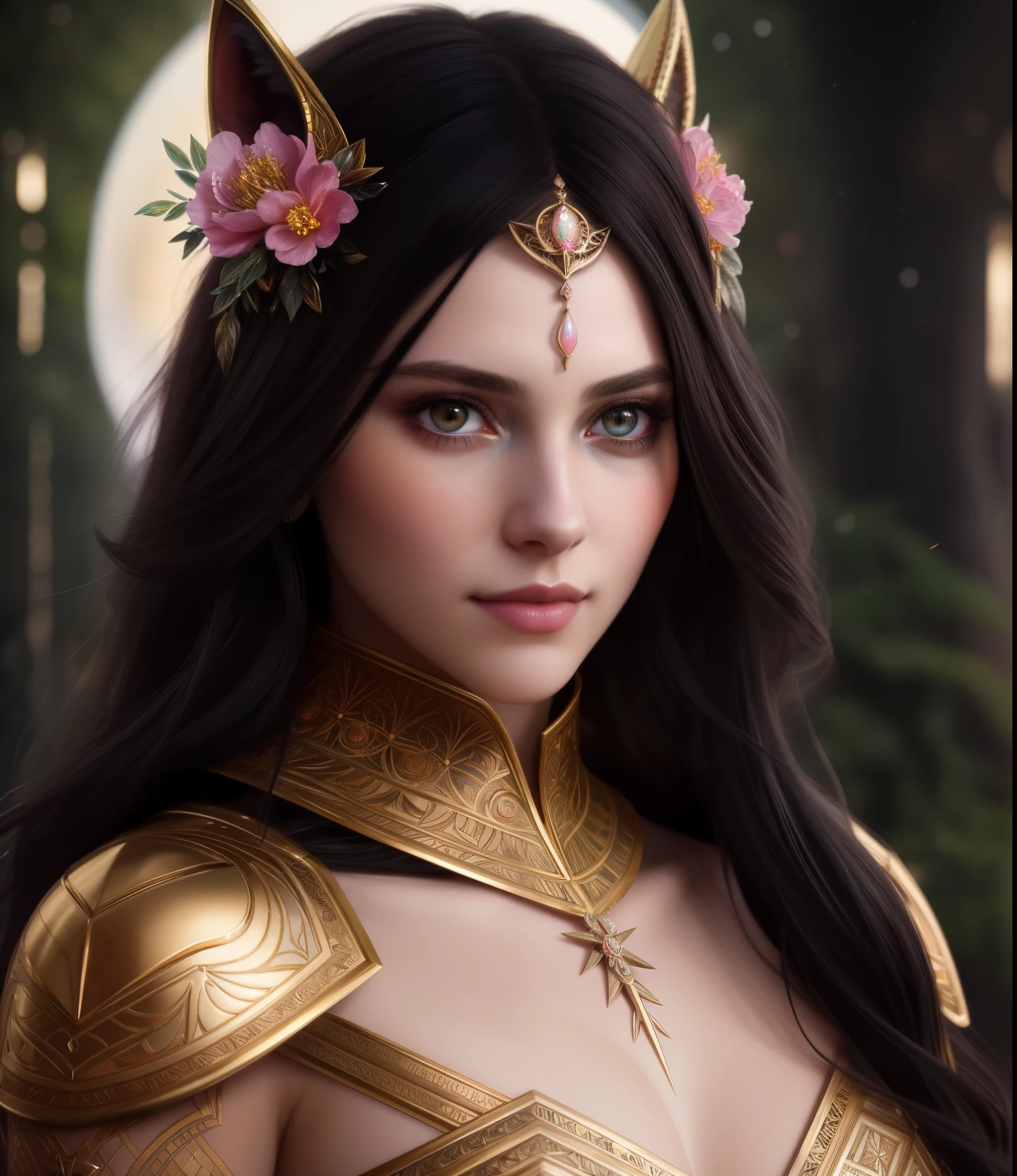 best quality, ultra-detailed, illustration, 1girl, black long hair, red eye, wolf ears, black mantle, fluffy collar, forest, moon, sketch, full body, highest quality, skin texture, intricate details, (cinematic lighting), RAW photo, 8k, (symmetry:1.1) (portrait of floral:1.05) a woman as a beautiful goddess, (assassins creed style:0.8), pink and gold and opal color scheme, beautiful intricate filegrid facepaint, intricate, elegant, highly detailed, digital painting, artstation, concept art, smooth, sharp focus, illustration, art by greg rutkowski and alphonse mucha, 8k