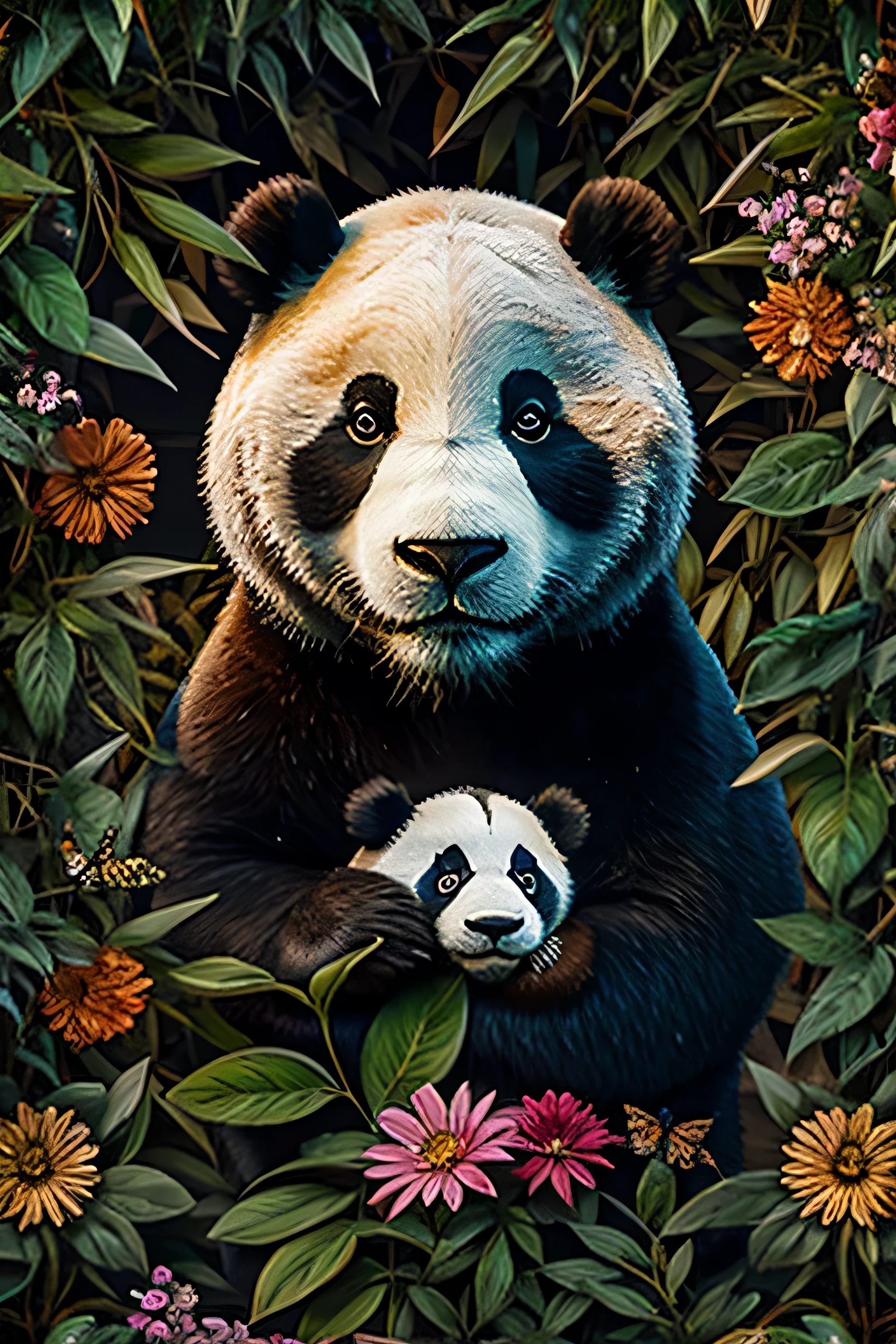 contemporary art collage, panda head, front，With flowers and leaves, some smart insects, painted, super detailed, full color, bright colors, 8K, actual 