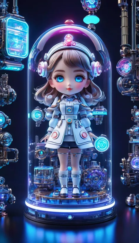 Pixar style, (Blind box toy style:1.2), (full-body shot) , 1 transparent cute mechanical nurse doll, Transparent mecha, Exquisit...