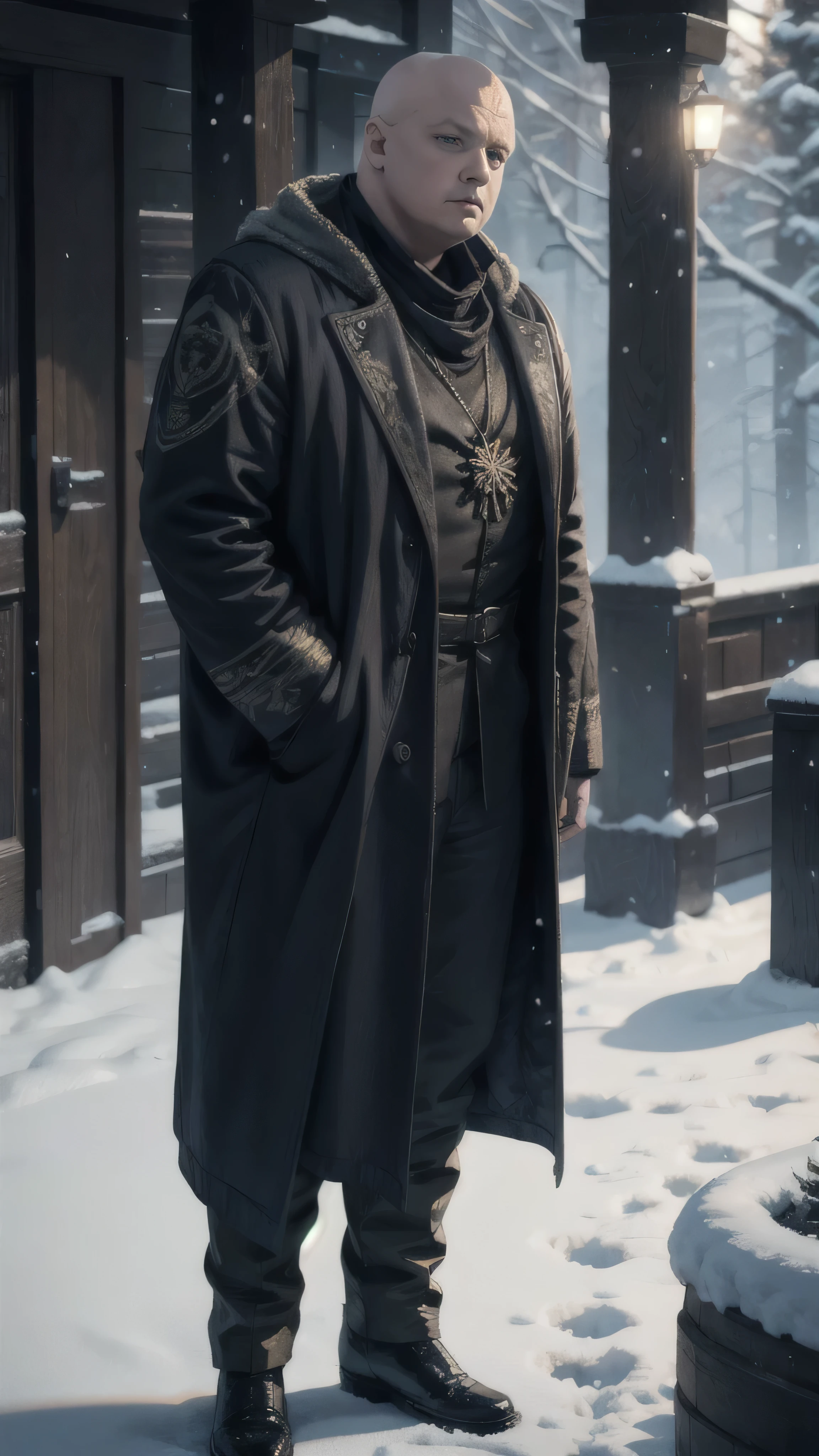 Lord Varys_l0r4va, (golden robe), slippers, standing in the garden, 1man, solo, beautiful detailed glow, detailed, cinematic light, intricate detail, realistic, highres, detailed facial features, high detail, sharp focus, smooth, aesthetic, extremely detailed, stamp, octane render