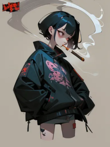 ((Cartoon girl smoking a cigarette and holding a skateboard, concept art. cigarette, smog punk, digital illustration style, Gwai...