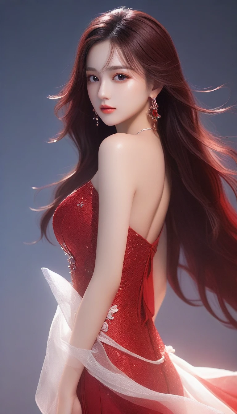 una mujer con un vestido blanco posando para una foto, hermosa y seductora mujer anime, hermosa mujer anime, hermosa chica anime, Chica anime con pelo largo., chica anime atractiva, chica anime seductora, hermoso retrato animado, Arte detallado de alta calidad 8k, vestido rojo, guweiz, arte cg anime suave, pelo rojo hasta la cintura, rojo brillante